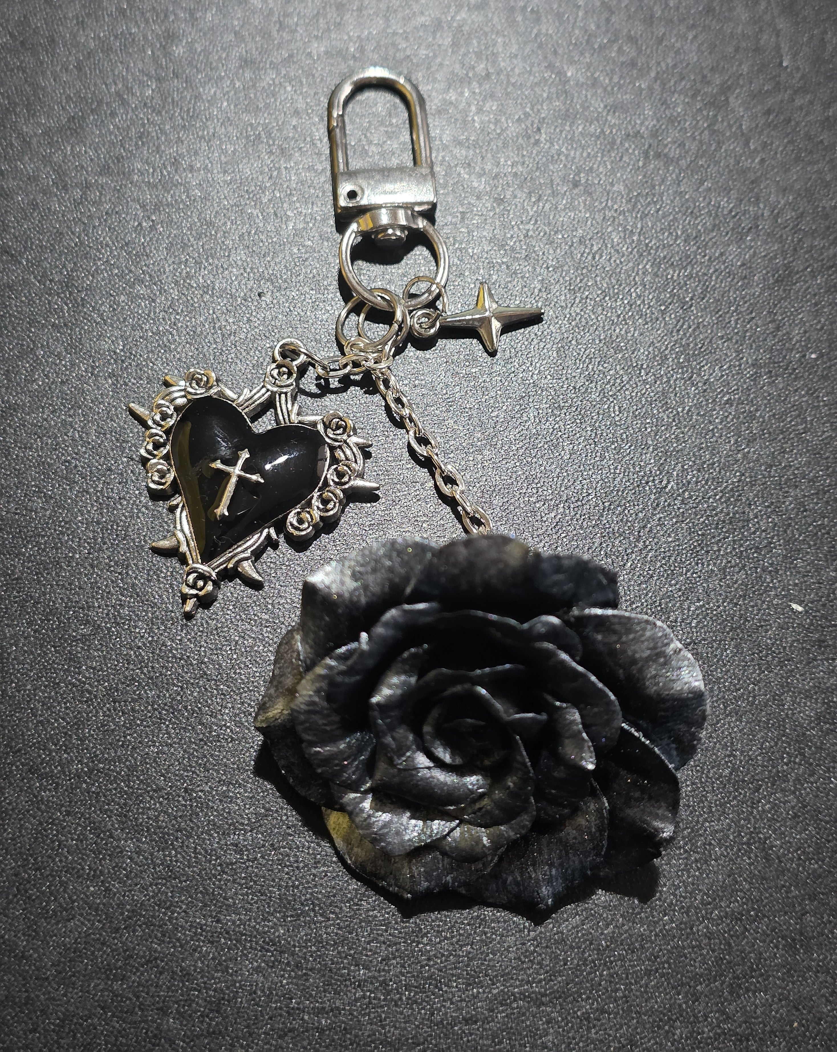 Gothic Black Rose Keychain - Handmade Bag Charm with Cross Heart 12cm (4.7in)