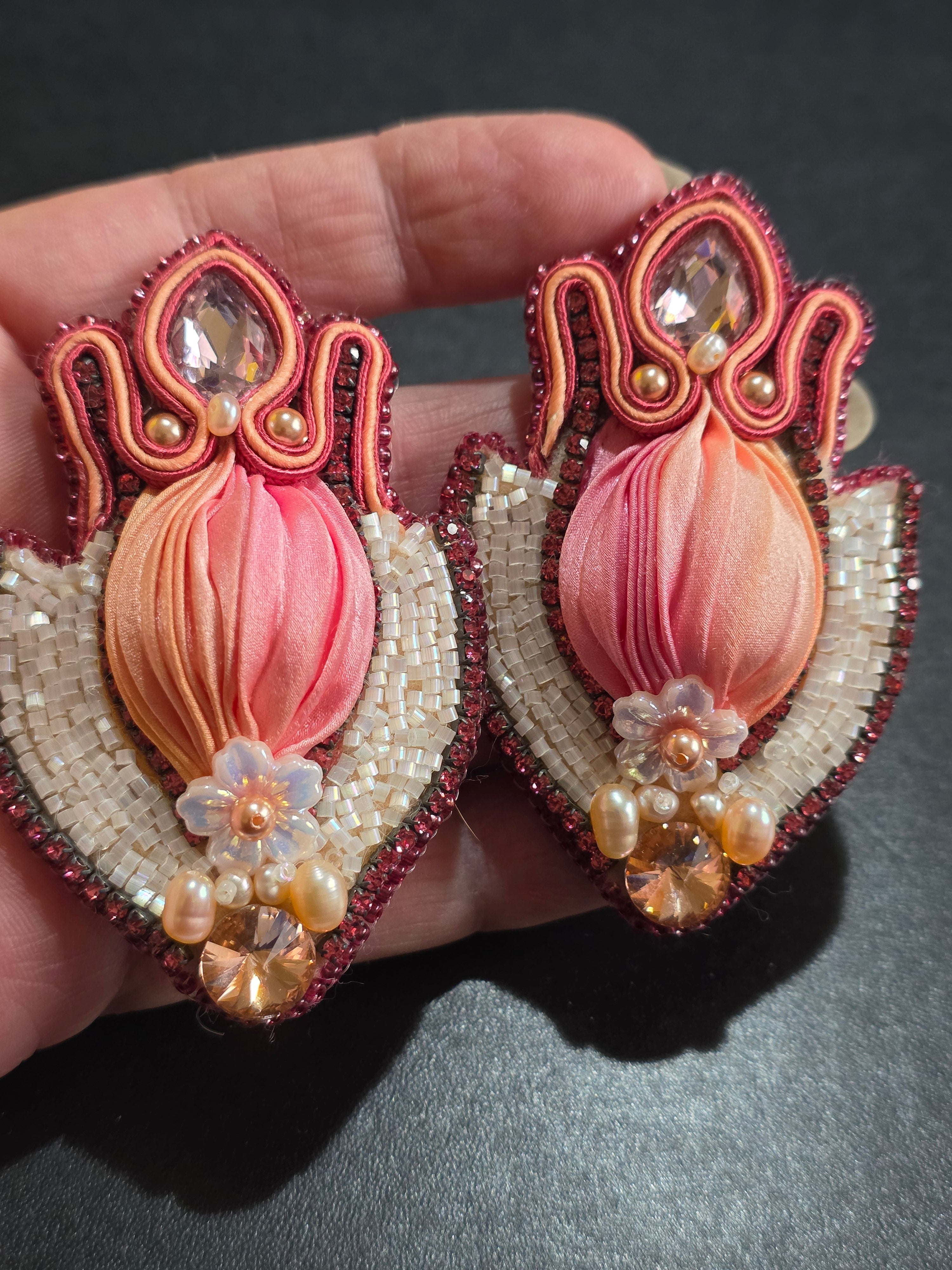 Lotus Shibori Earrings - Handcrafted with Natural Pearls & Swarovski Crystals