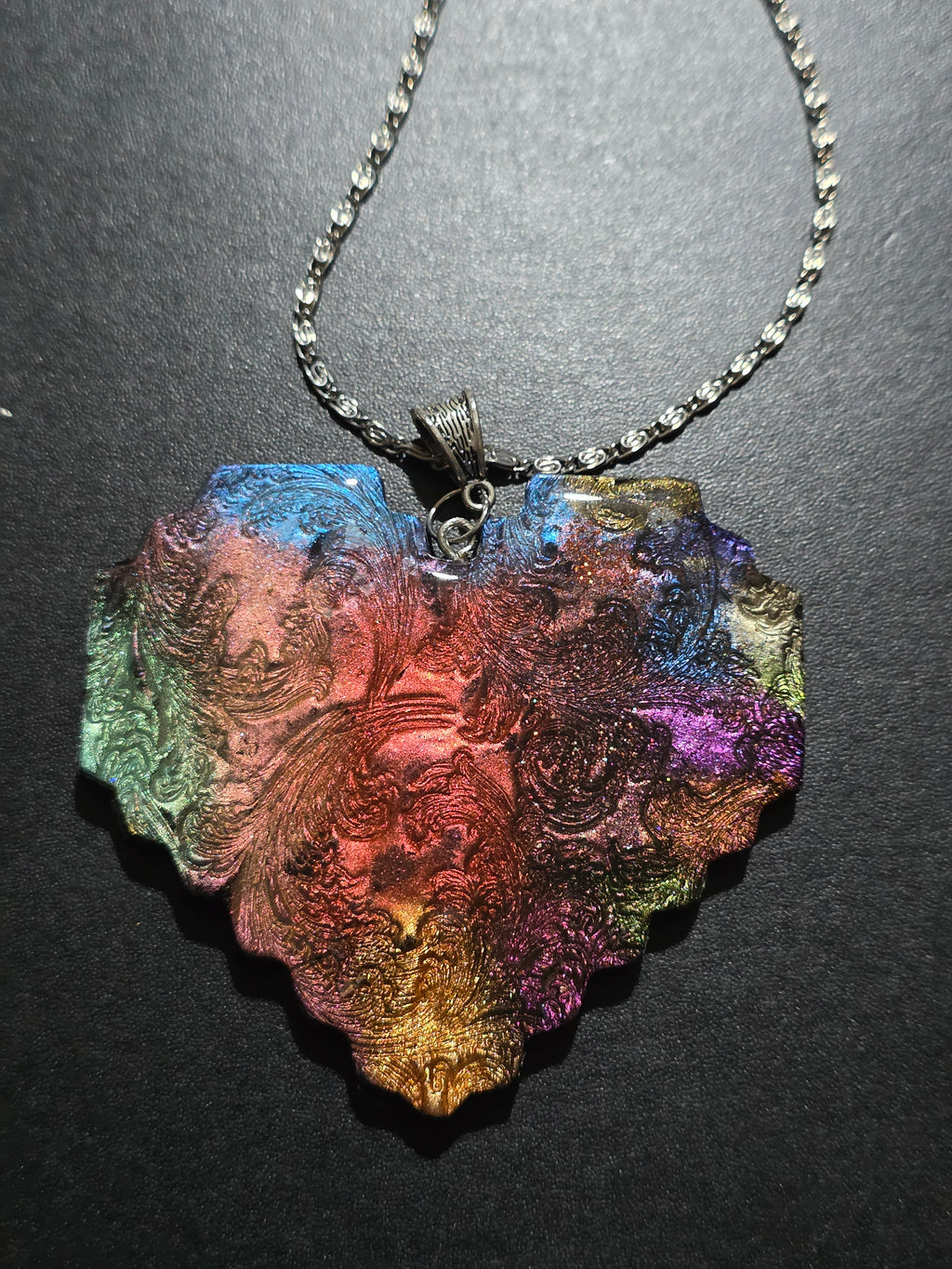 Iridescent Heart Necklace - Textured Polymer Clay with Rainbow Pigments & Resin Coating 8cm