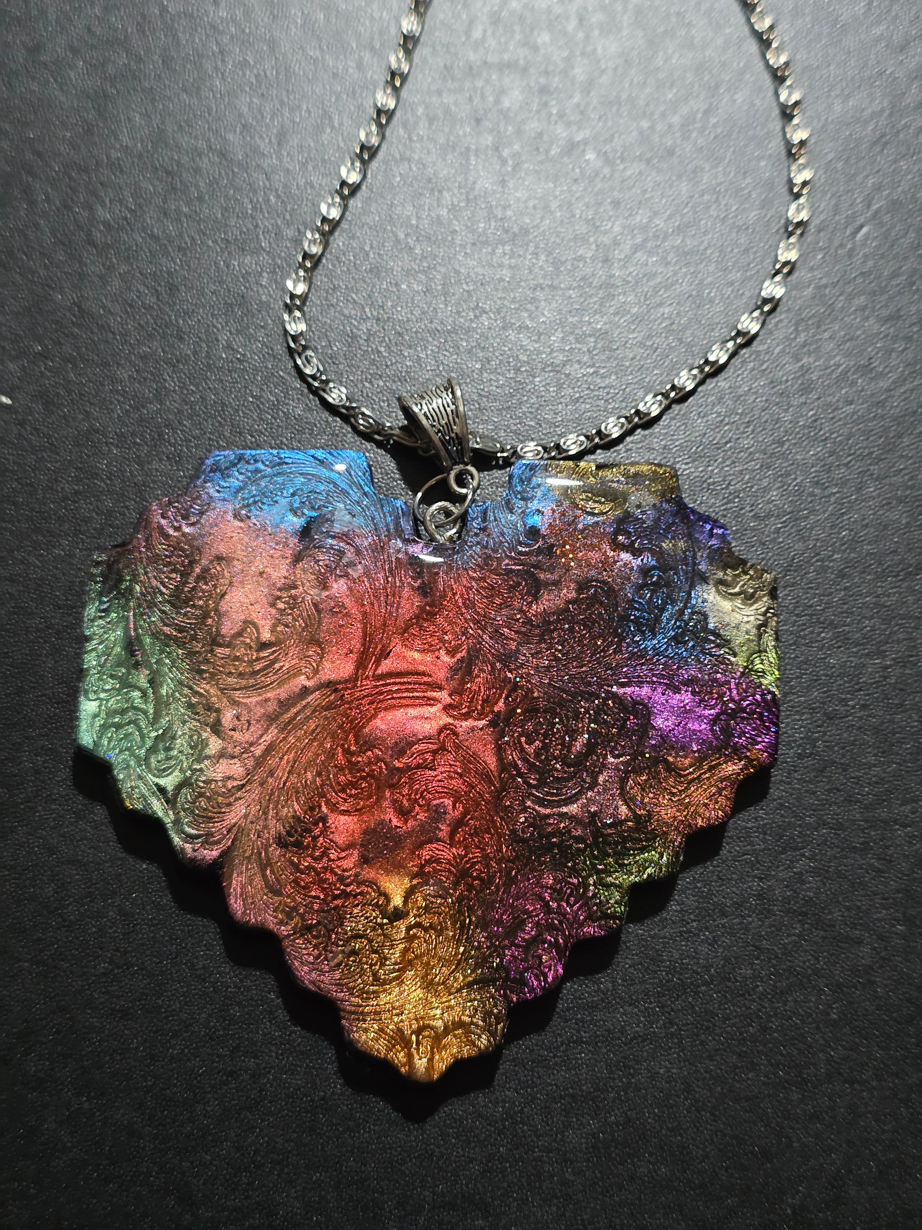 Iridescent Heart Necklace - Textured Polymer Clay with Rainbow Pigments & Resin Coating 8cm