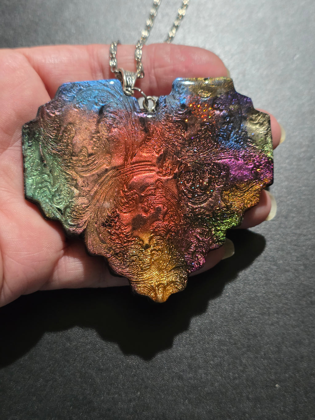 Iridescent Heart Necklace - Textured Polymer Clay with Rainbow Pigments & Resin Coating 8cm