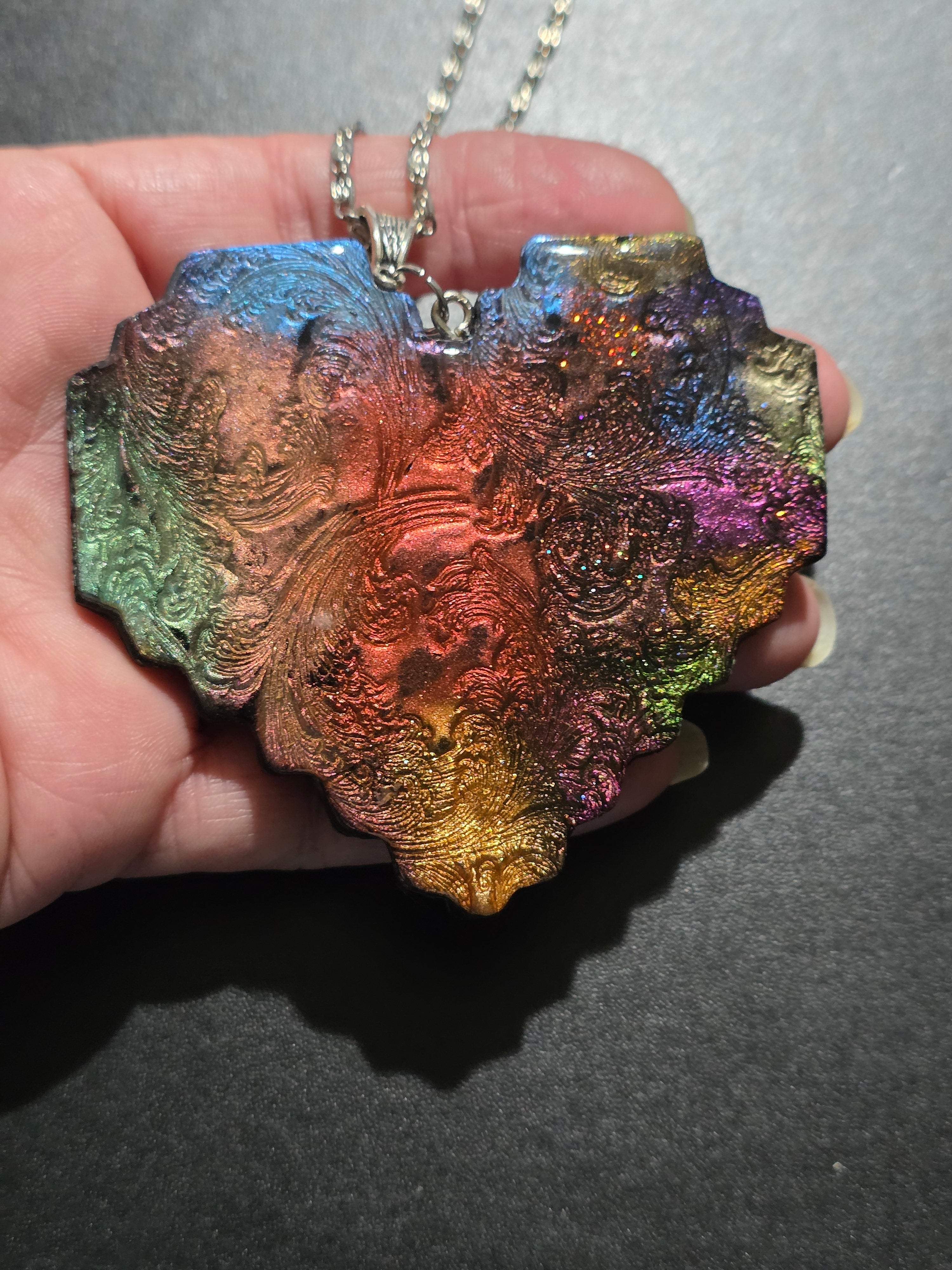Iridescent Heart Necklace - Textured Polymer Clay with Rainbow Pigments & Resin Coating 8cm