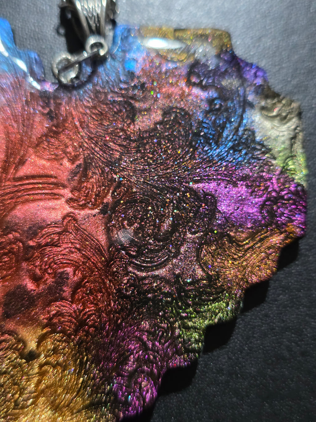 Iridescent Heart Necklace - Textured Polymer Clay with Rainbow Pigments & Resin Coating 8cm