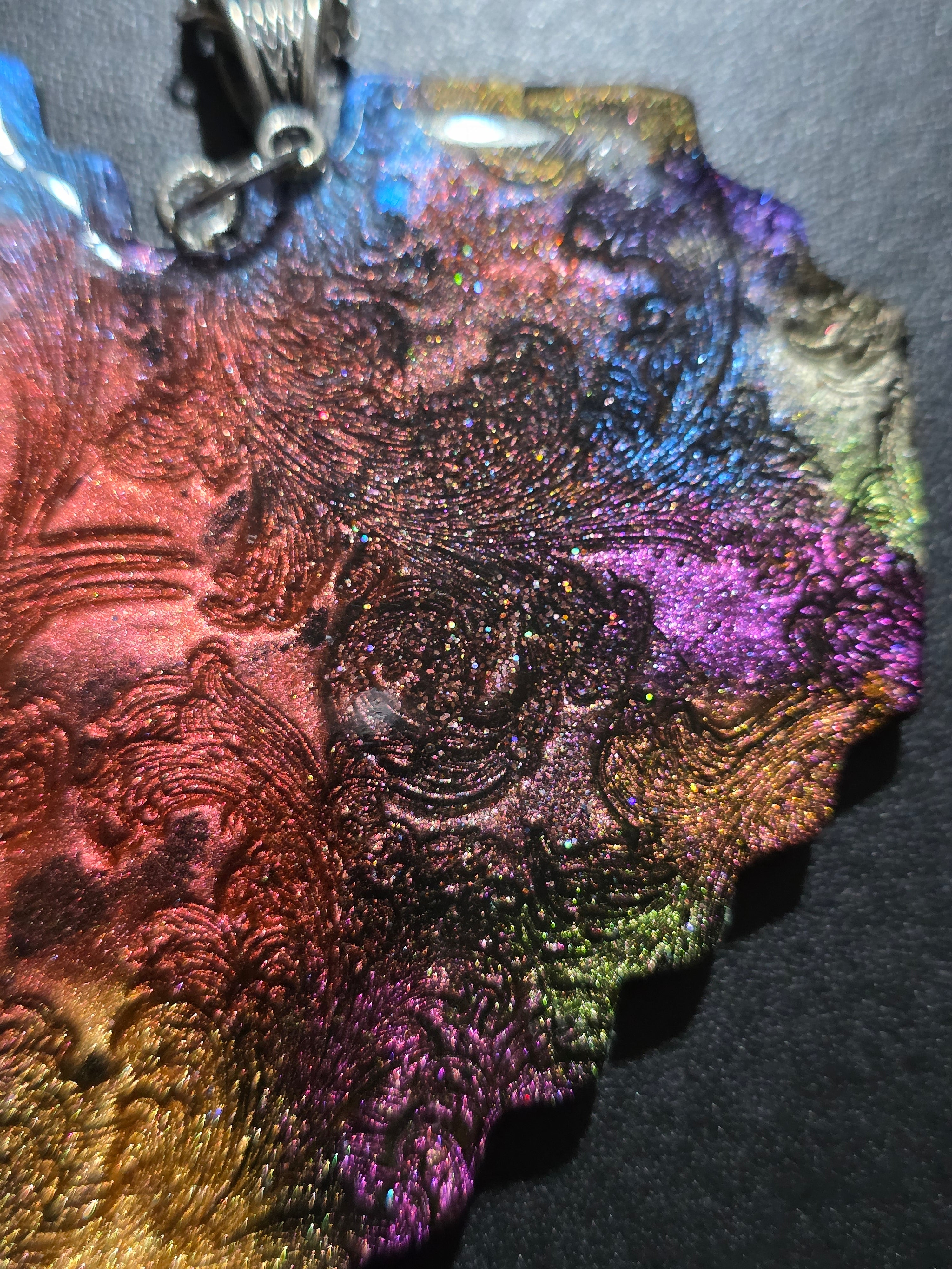 Iridescent Heart Necklace - Textured Polymer Clay with Rainbow Pigments & Resin Coating 8cm