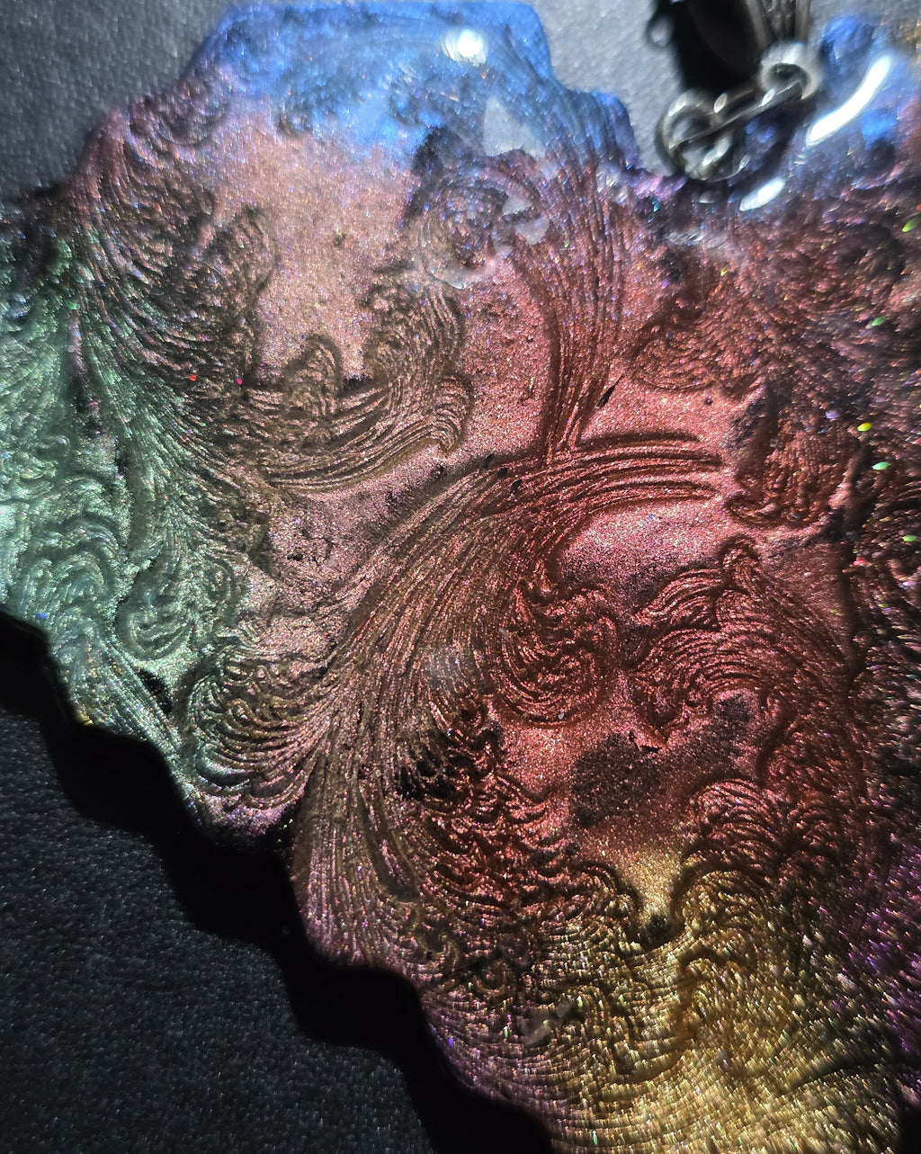 Iridescent Heart Necklace - Textured Polymer Clay with Rainbow Pigments & Resin Coating 8cm