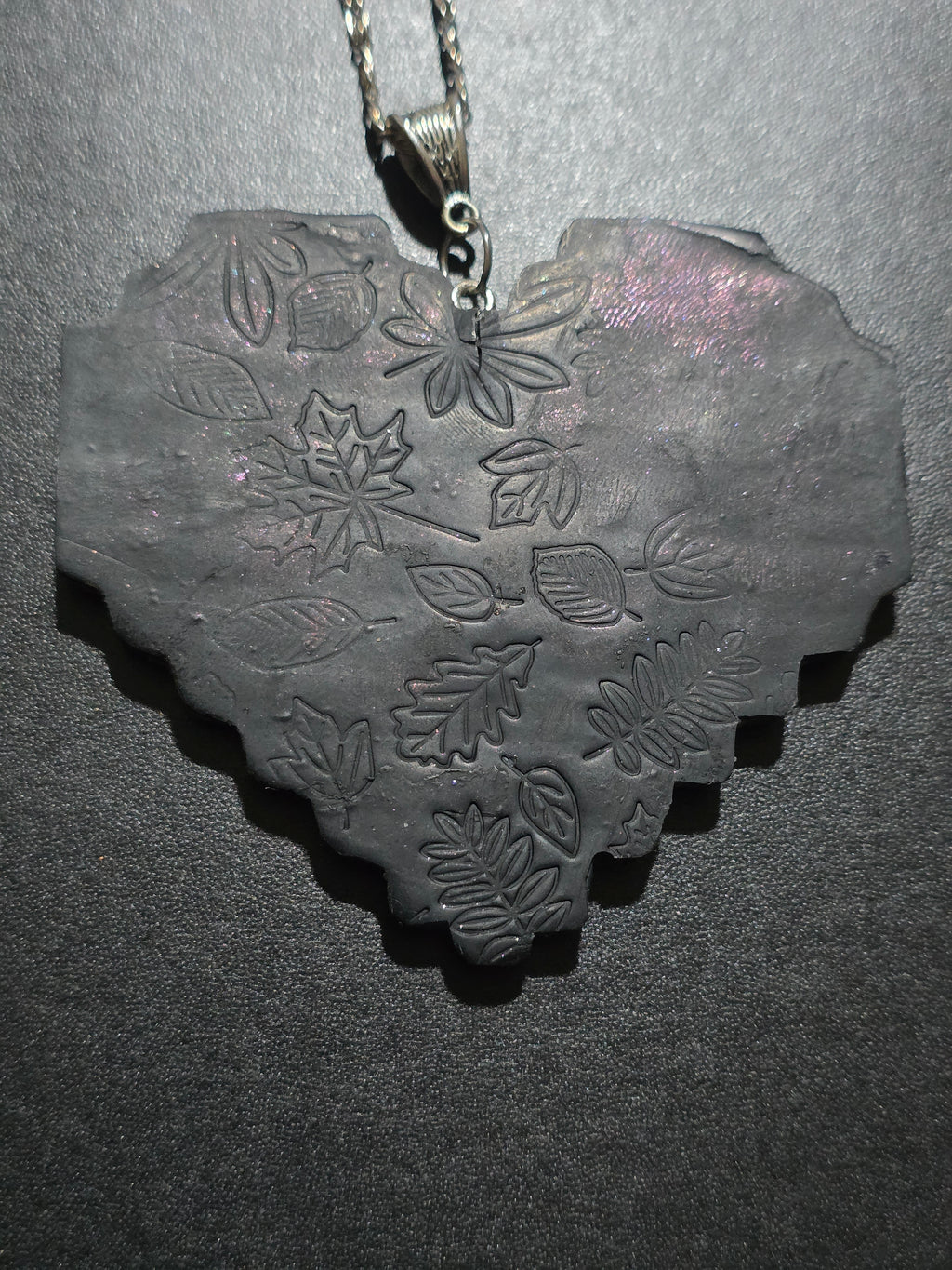 Iridescent Heart Necklace - Textured Polymer Clay with Rainbow Pigments & Resin Coating 8cm