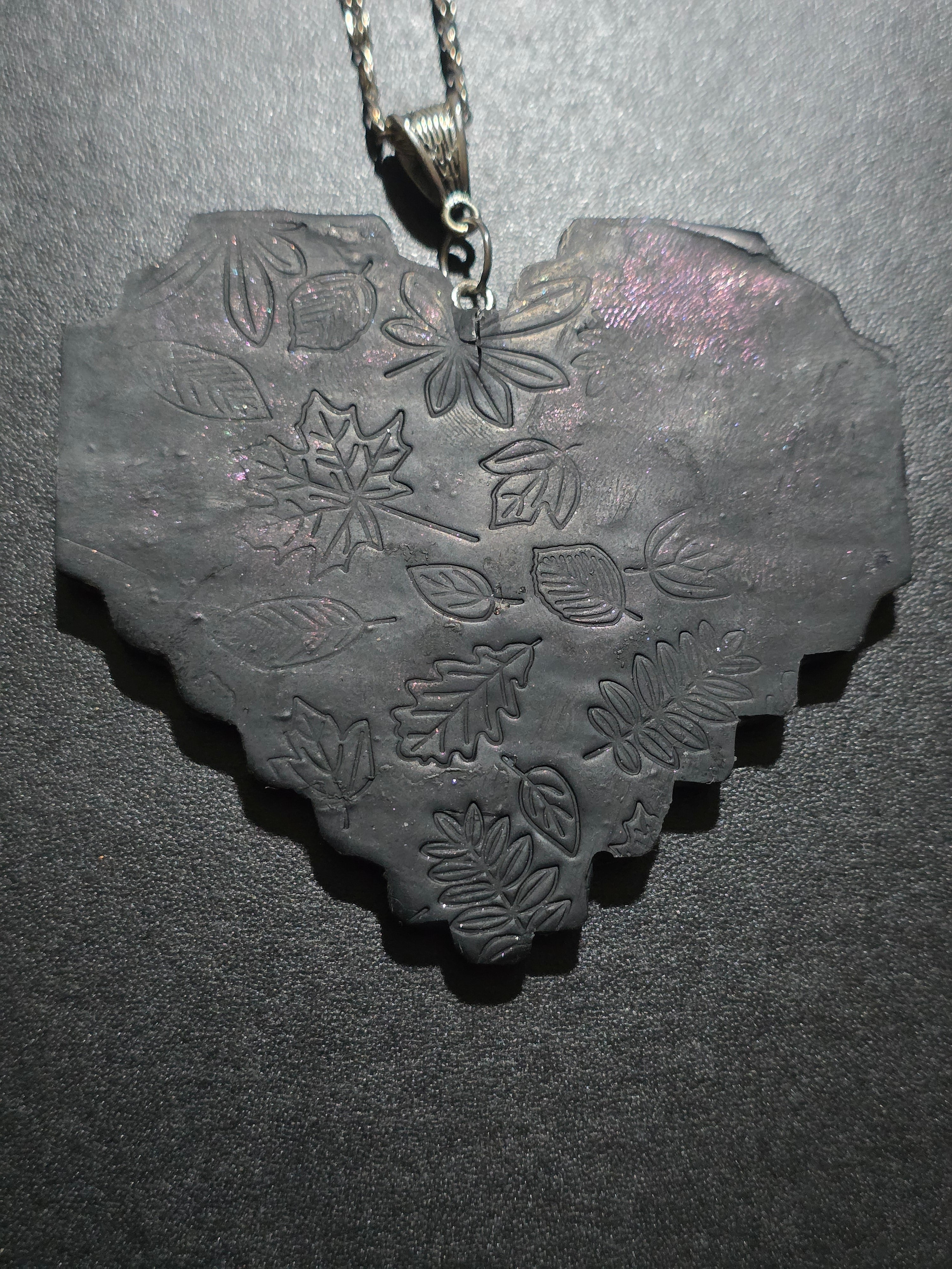 Iridescent Heart Necklace - Textured Polymer Clay with Rainbow Pigments & Resin Coating 8cm