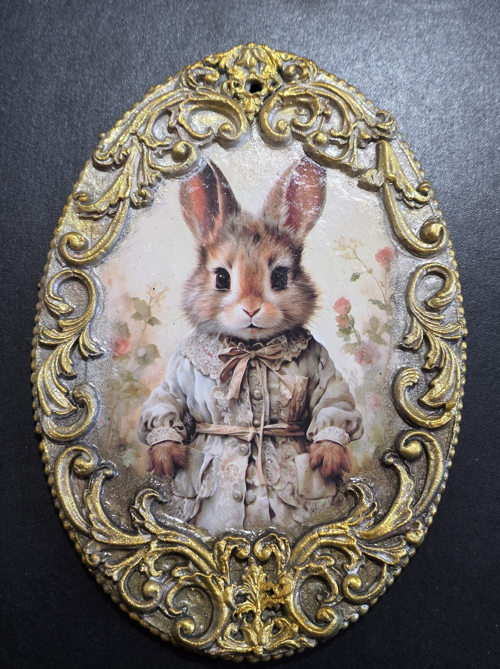 Victorian Easter Bunny Wall Decor - Baroque Gold Frame Decoupage Art on Wood 20.5cm