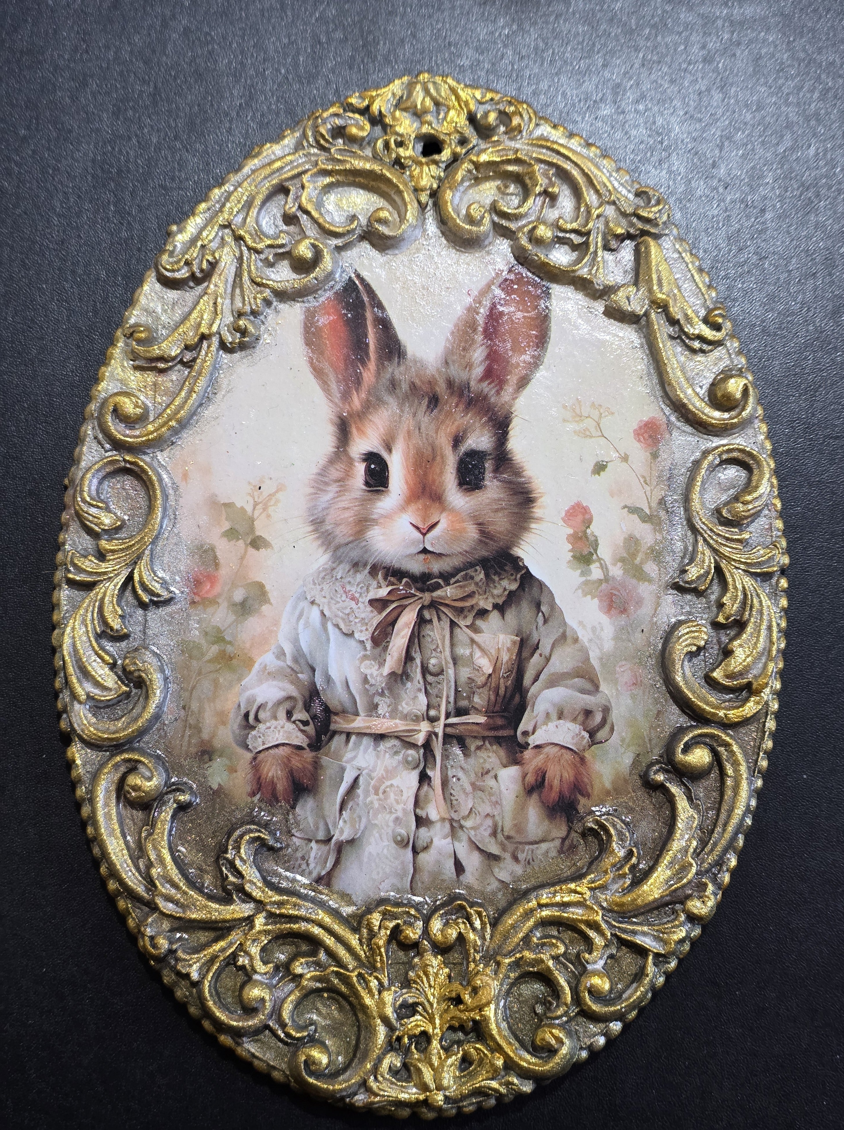 Victorian Easter Bunny Wall Decor - Baroque Gold Frame Decoupage Art on Wood 20.5cm