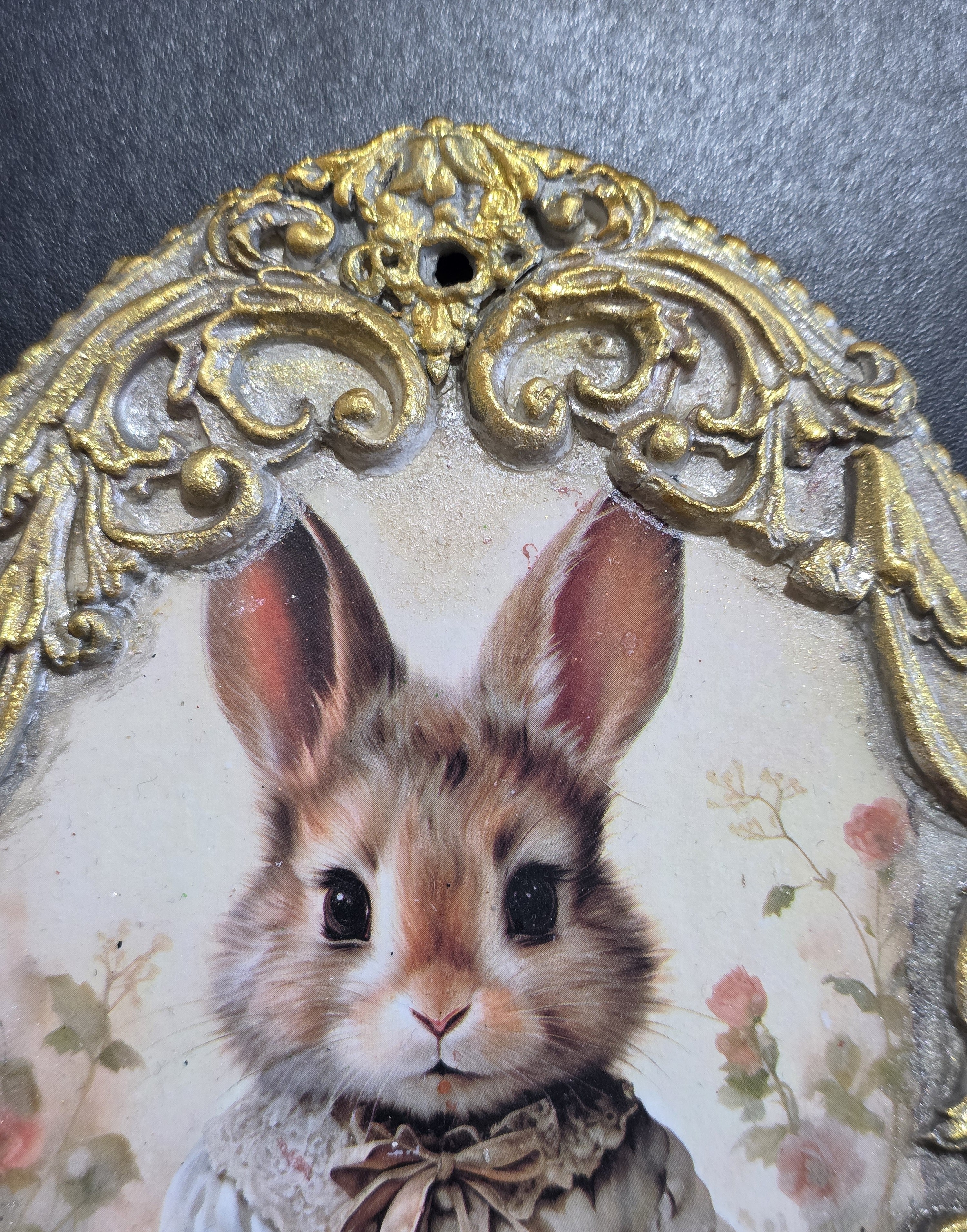 Victorian Easter Bunny Wall Decor - Baroque Gold Frame Decoupage Art on Wood 20.5cm