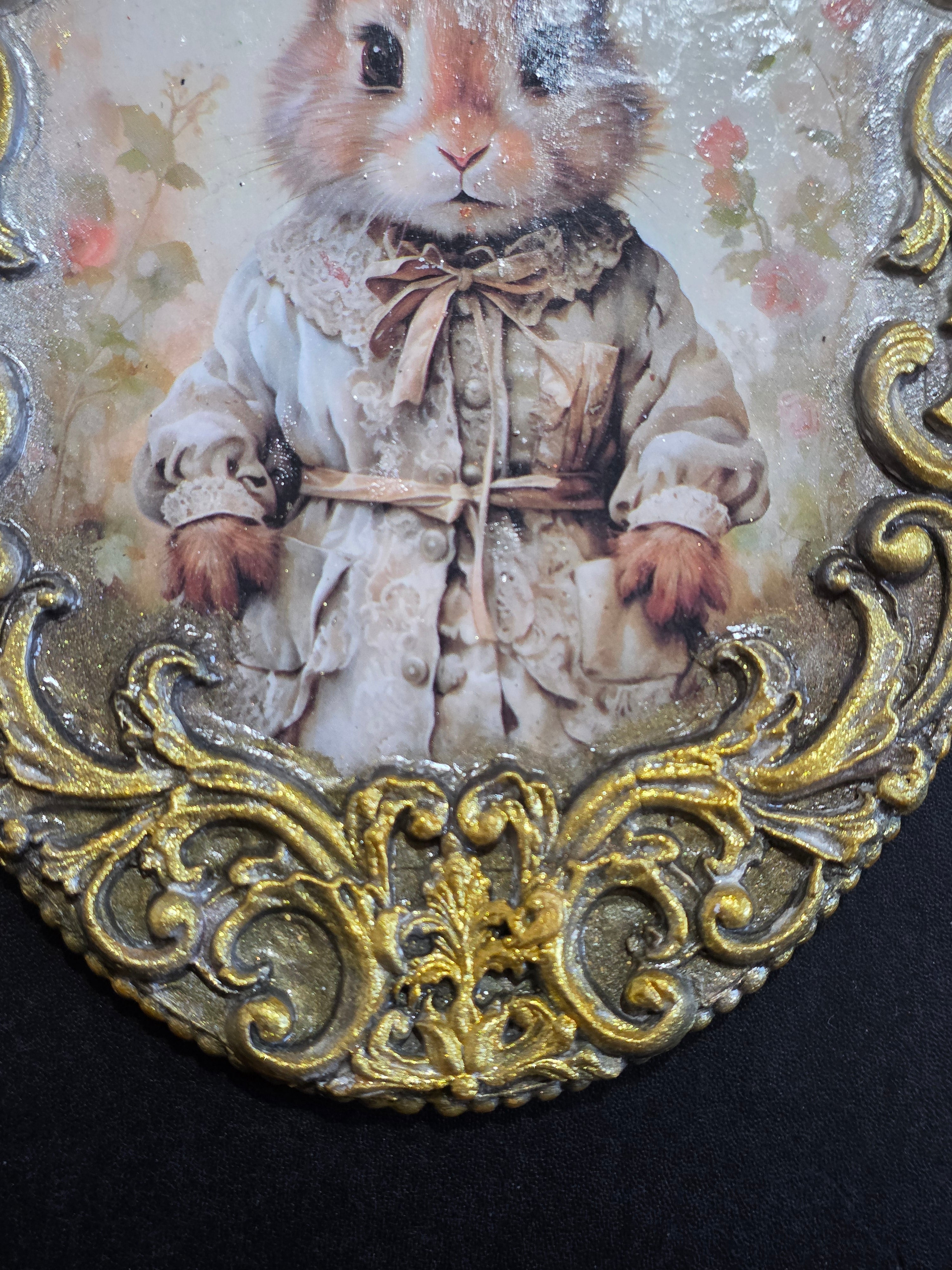 Victorian Easter Bunny Wall Decor - Baroque Gold Frame Decoupage Art on Wood 20.5cm