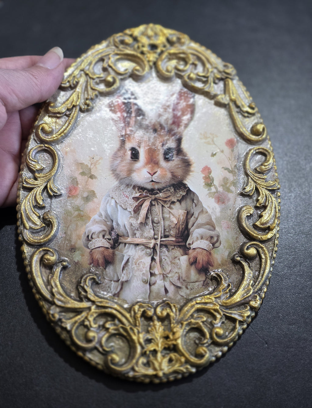 Victorian Easter Bunny Wall Decor - Baroque Gold Frame Decoupage Art on Wood 20.5cm