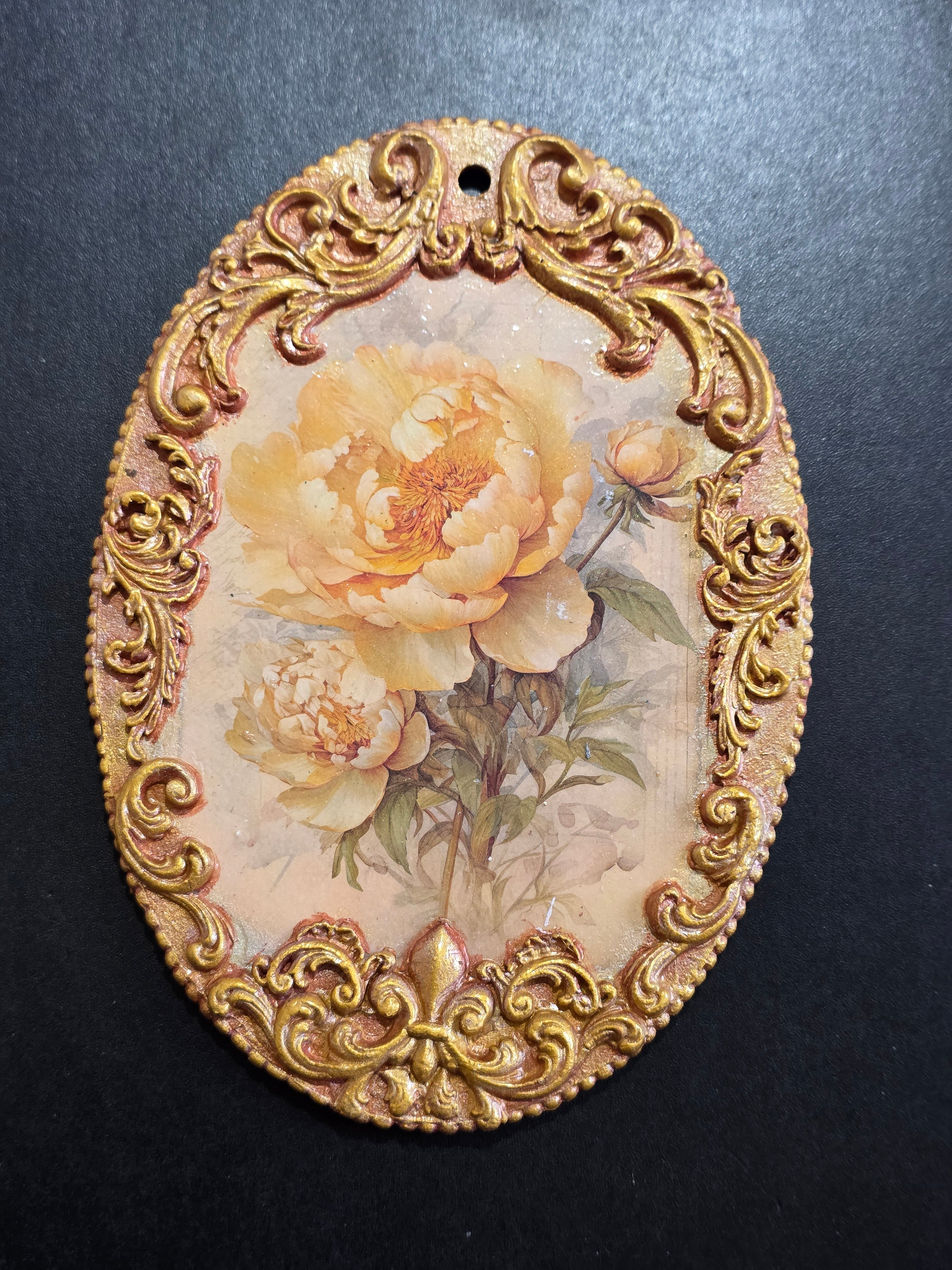 Vintage Yellow Peonies Wall Decor - Baroque Gold Frame Decoupage Art on Wood 20.5cm
