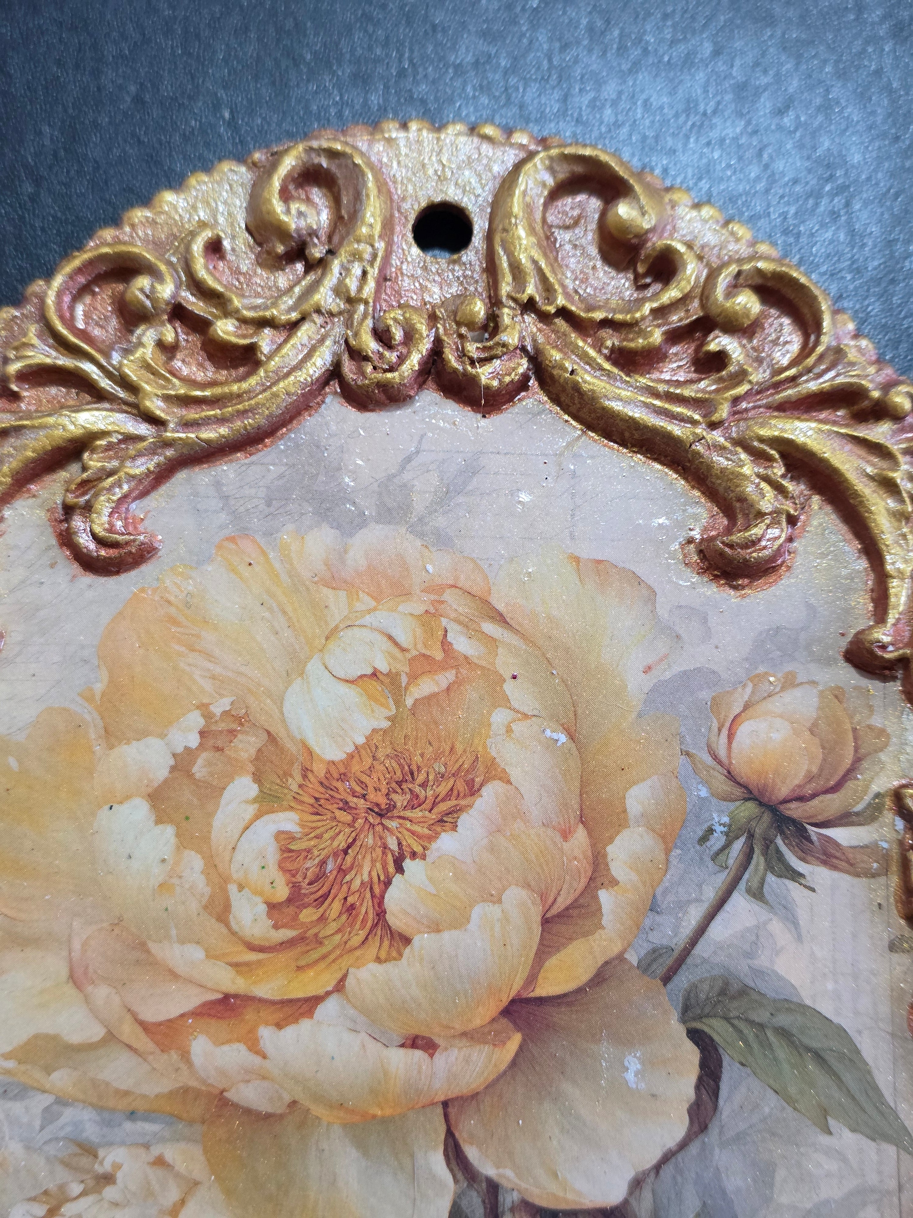 Vintage Yellow Peonies Wall Decor - Baroque Gold Frame Decoupage Art on Wood 20.5cm