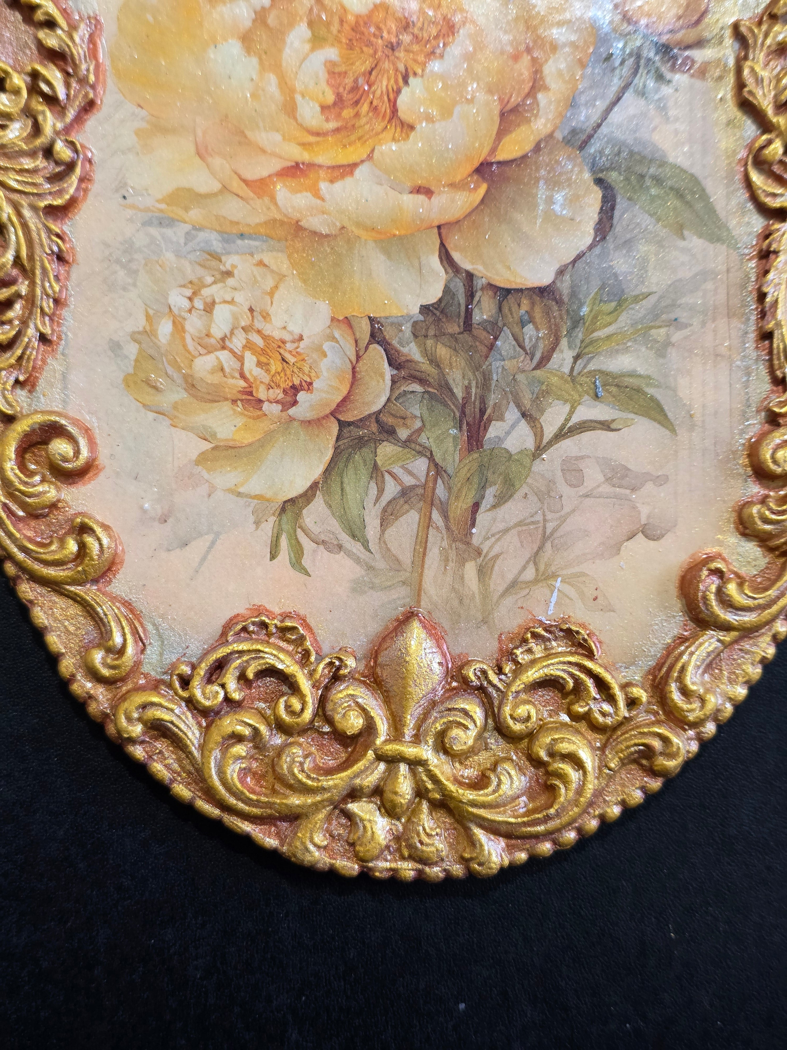 Vintage Yellow Peonies Wall Decor - Baroque Gold Frame Decoupage Art on Wood 20.5cm