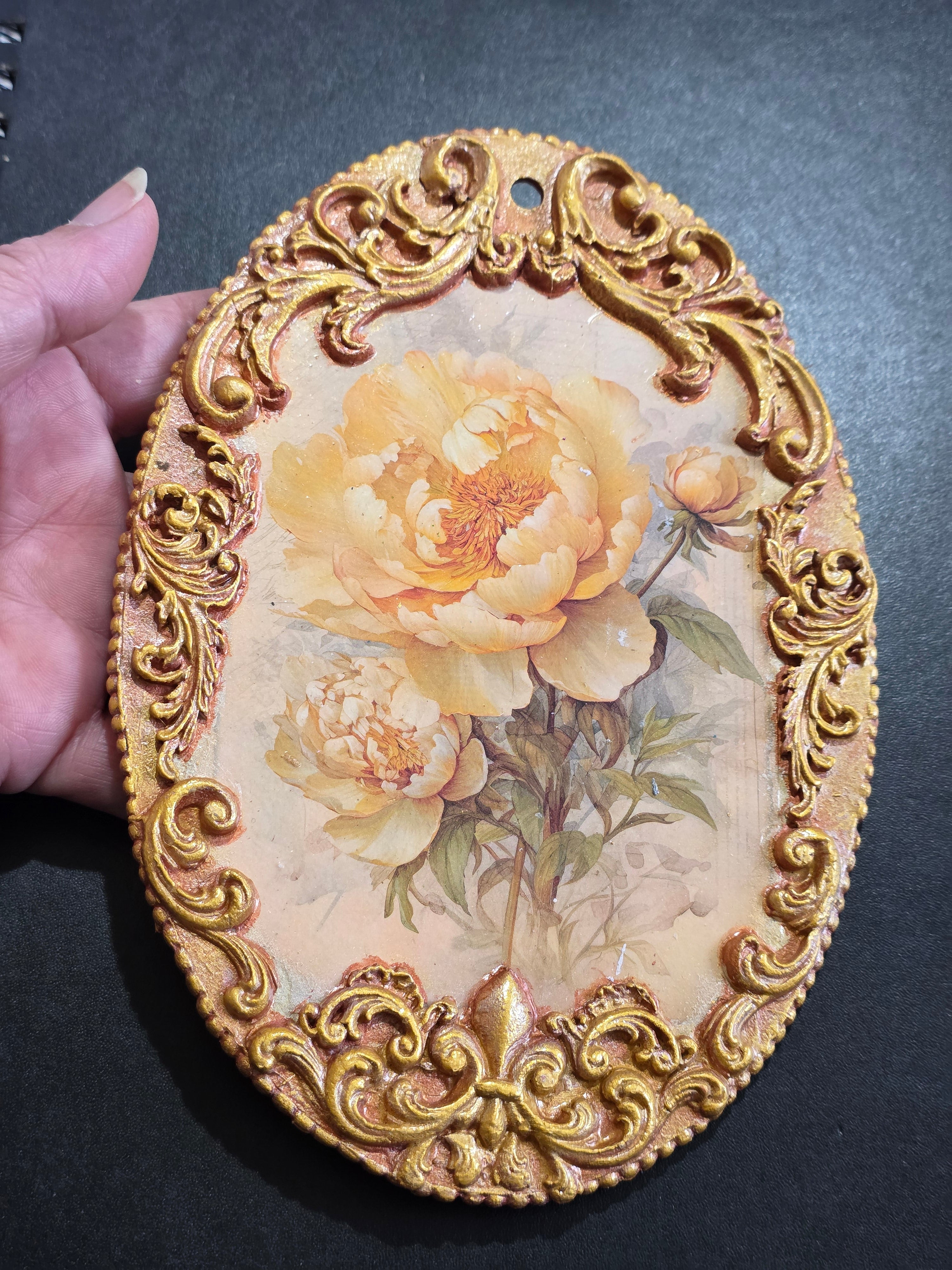 Vintage Yellow Peonies Wall Decor - Baroque Gold Frame Decoupage Art on Wood 20.5cm