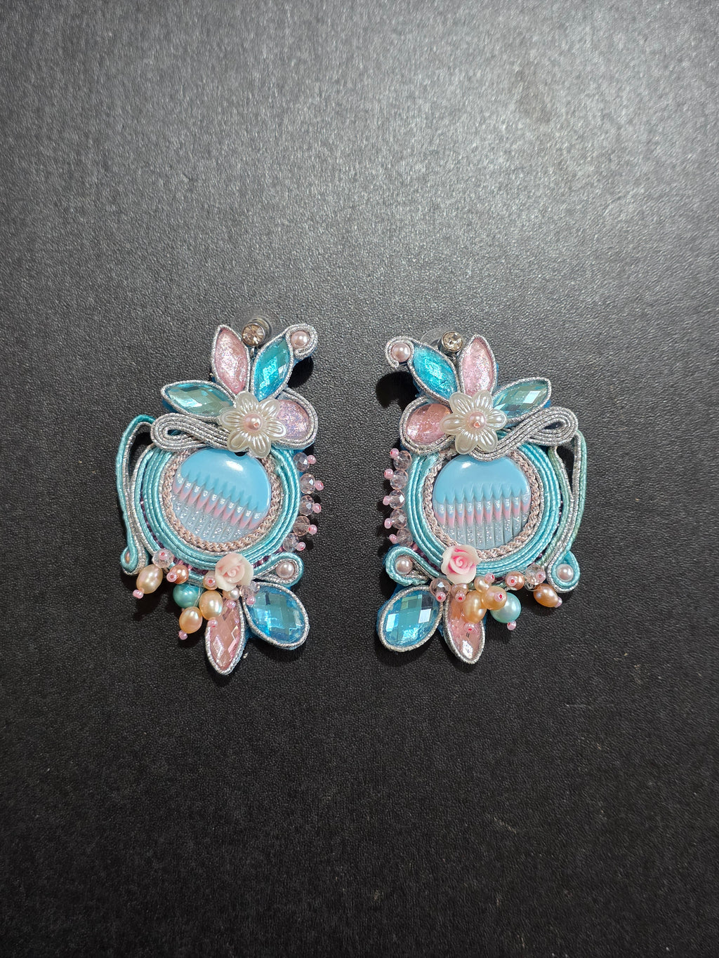 Handmade Soutache Earrings - Pink & Blue Statement Earrings with Crystals