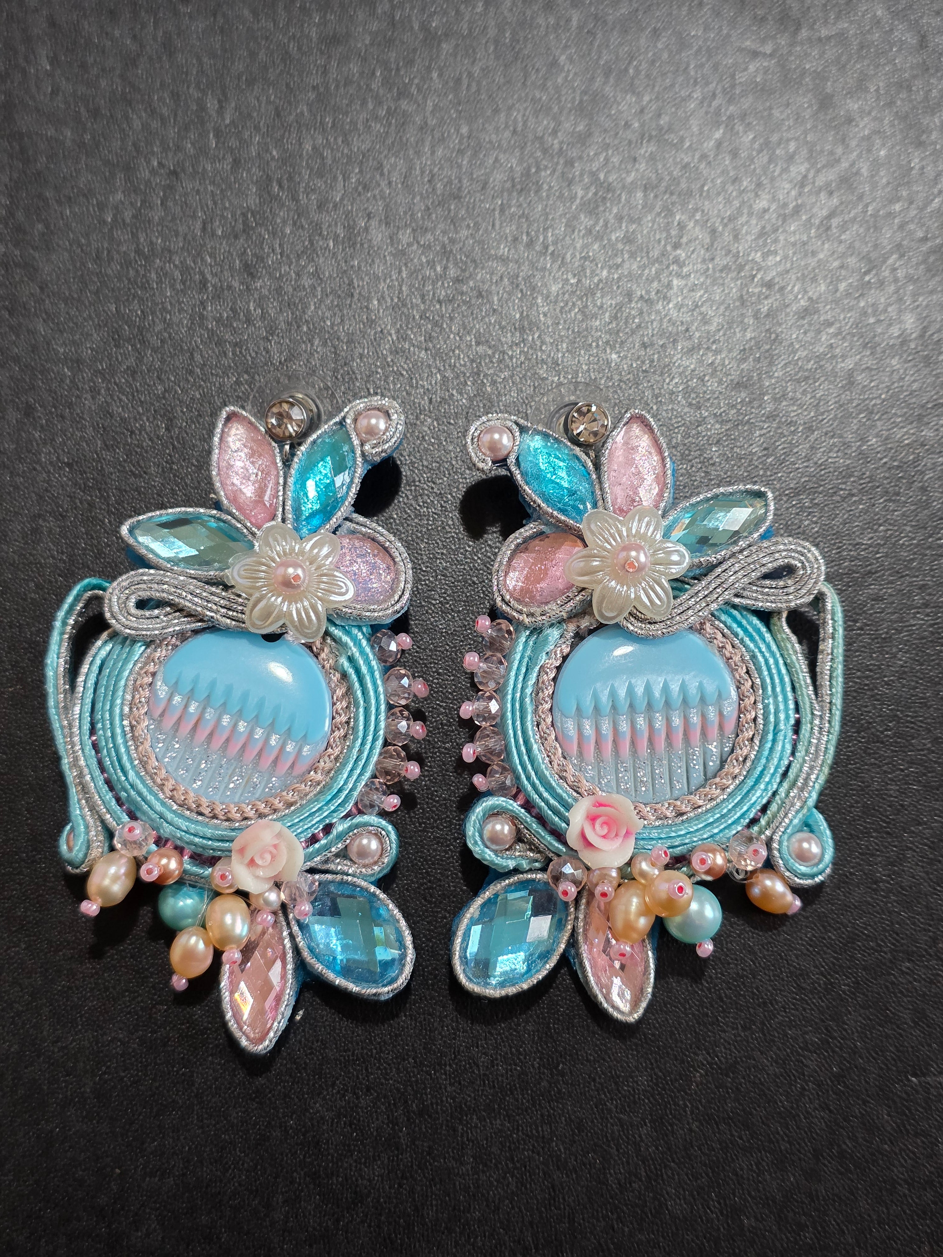 Handmade Soutache Earrings - Pink & Blue Statement Earrings with Crystals