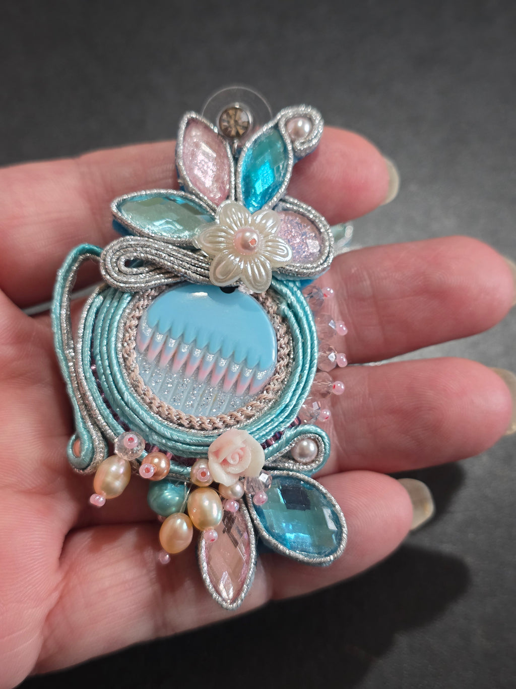 Handmade Soutache Earrings - Pink & Blue Statement Earrings with Crystals