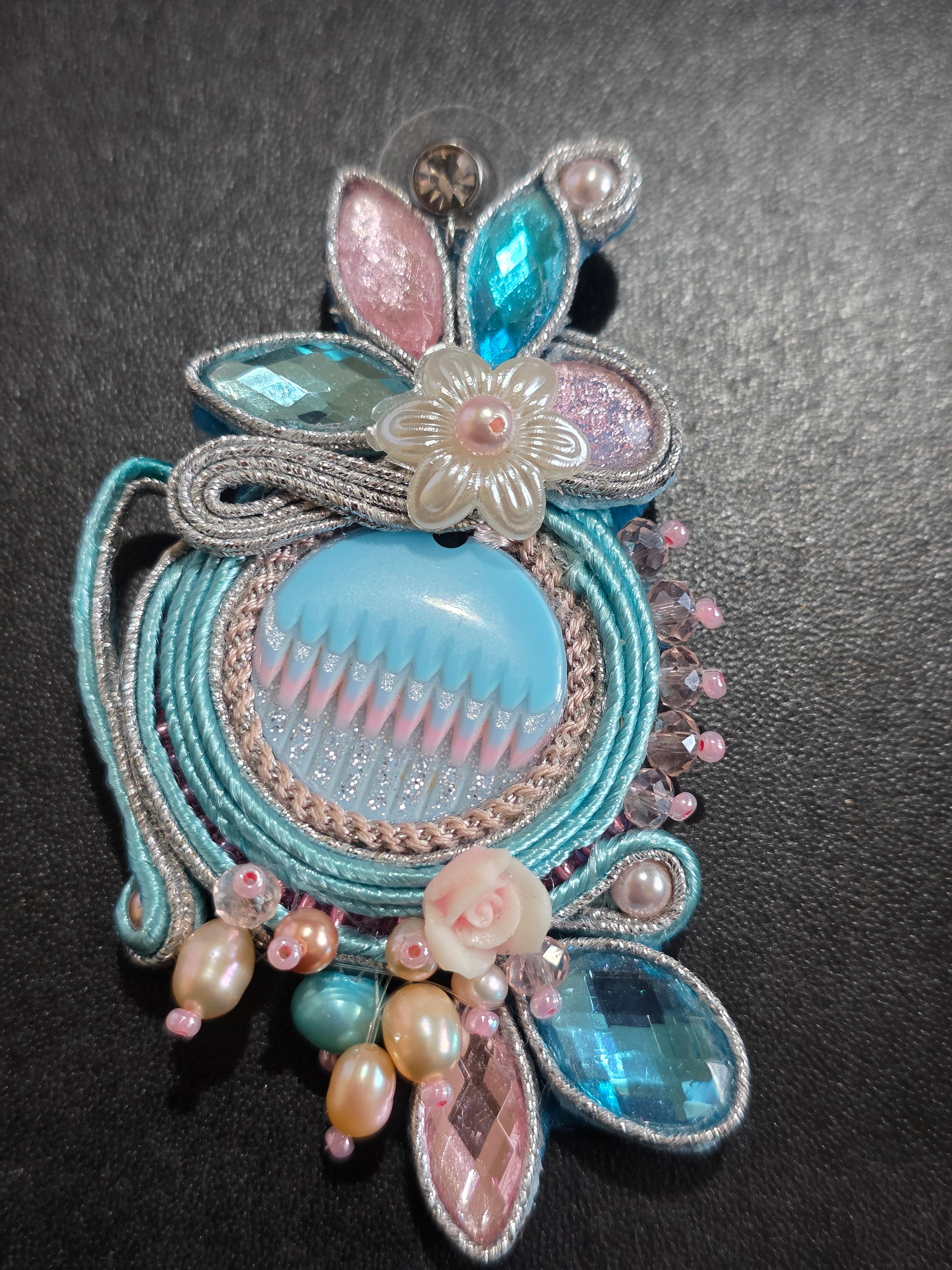 Handmade Soutache Earrings - Pink & Blue Statement Earrings with Crystals