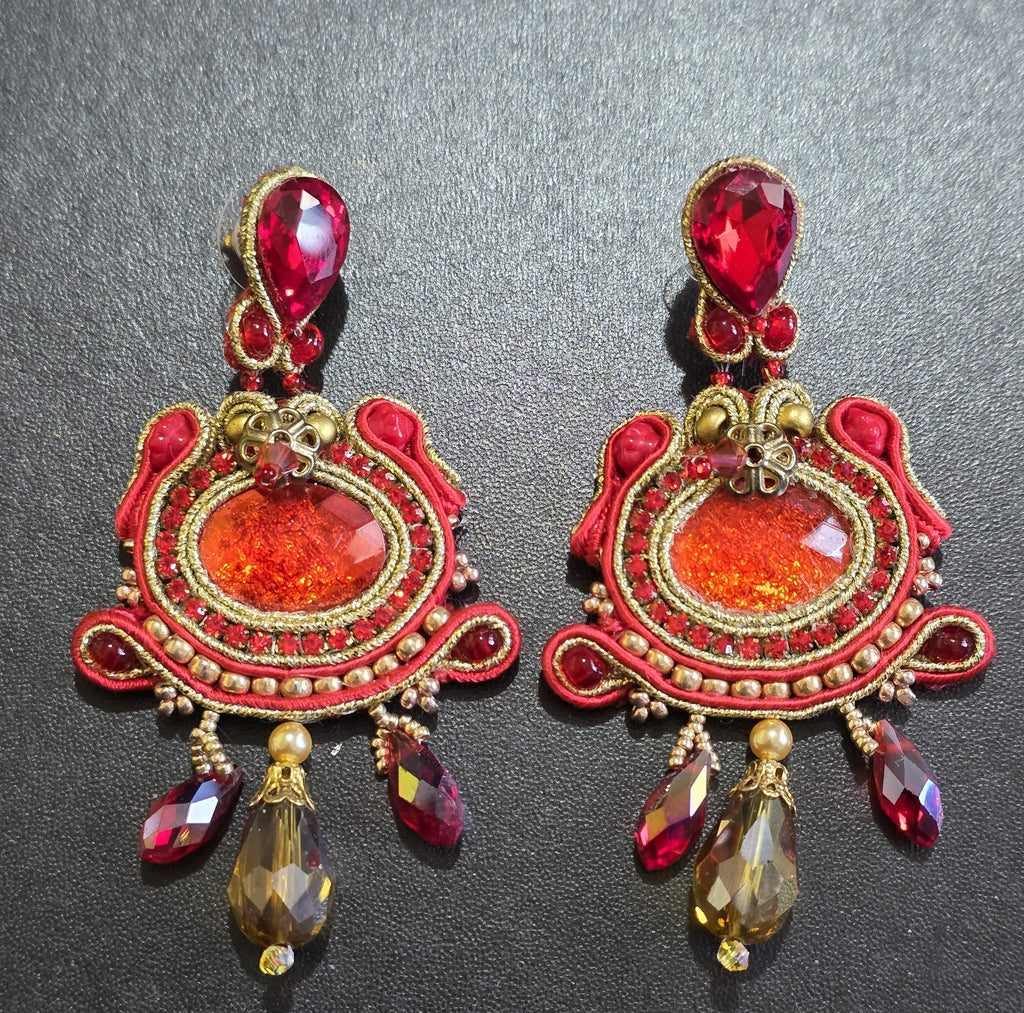 Luxury Red & Gold Soutache Earrings with Crystal Drops