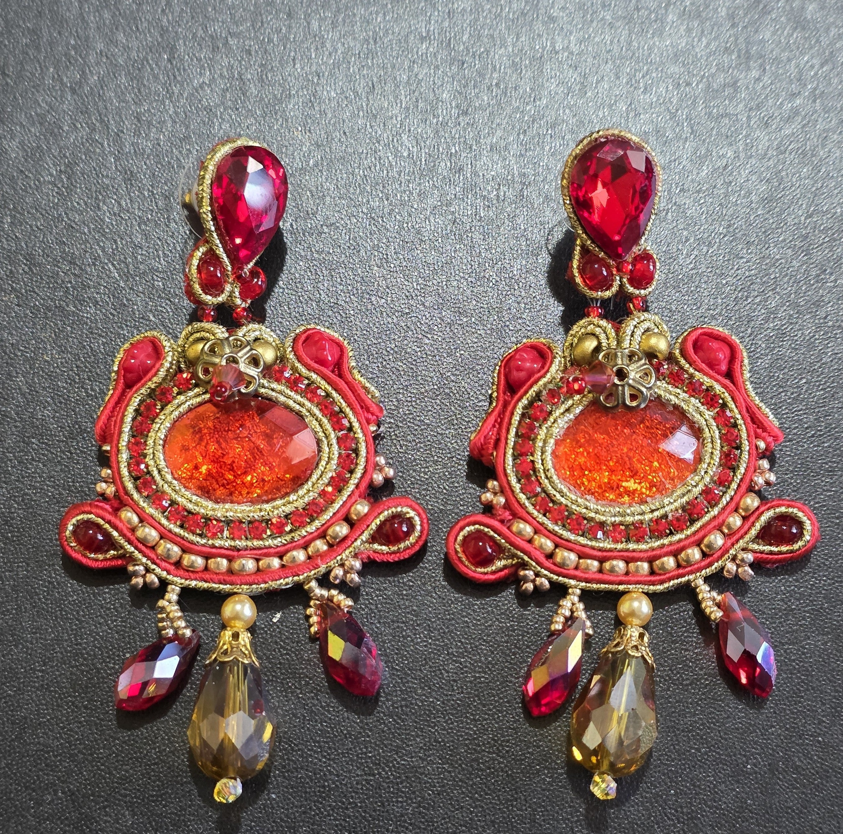 Luxury Red & Gold Soutache Earrings with Crystal Drops
