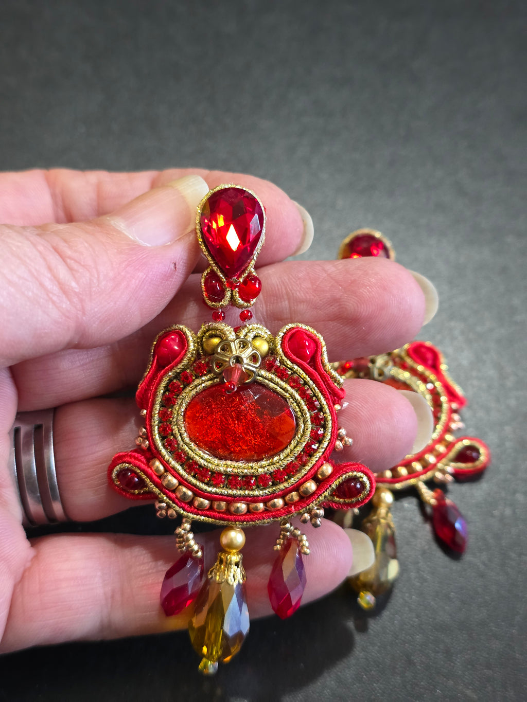 Luxury Red & Gold Soutache Earrings with Crystal Drops