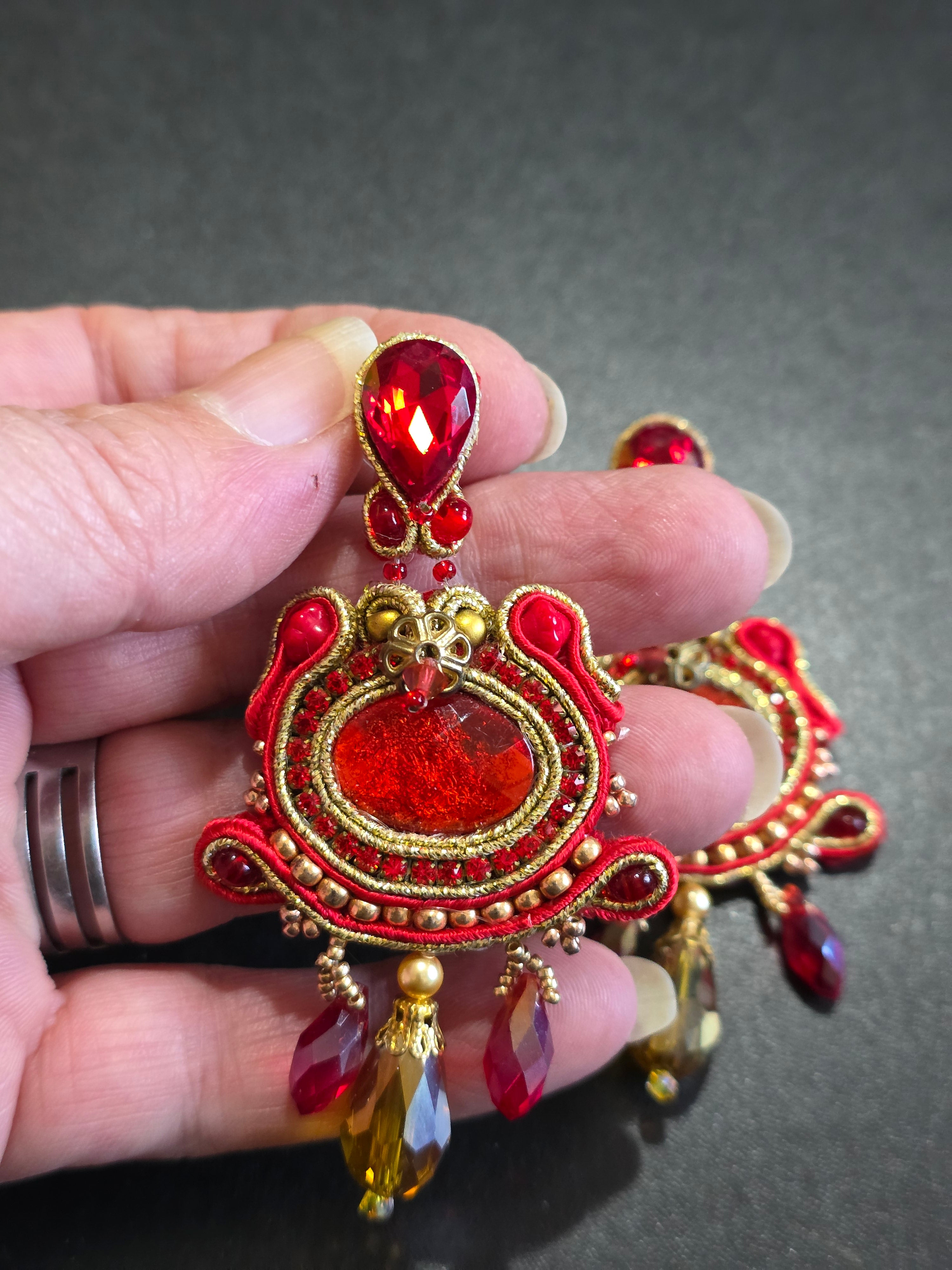 Luxury Red & Gold Soutache Earrings with Crystal Drops