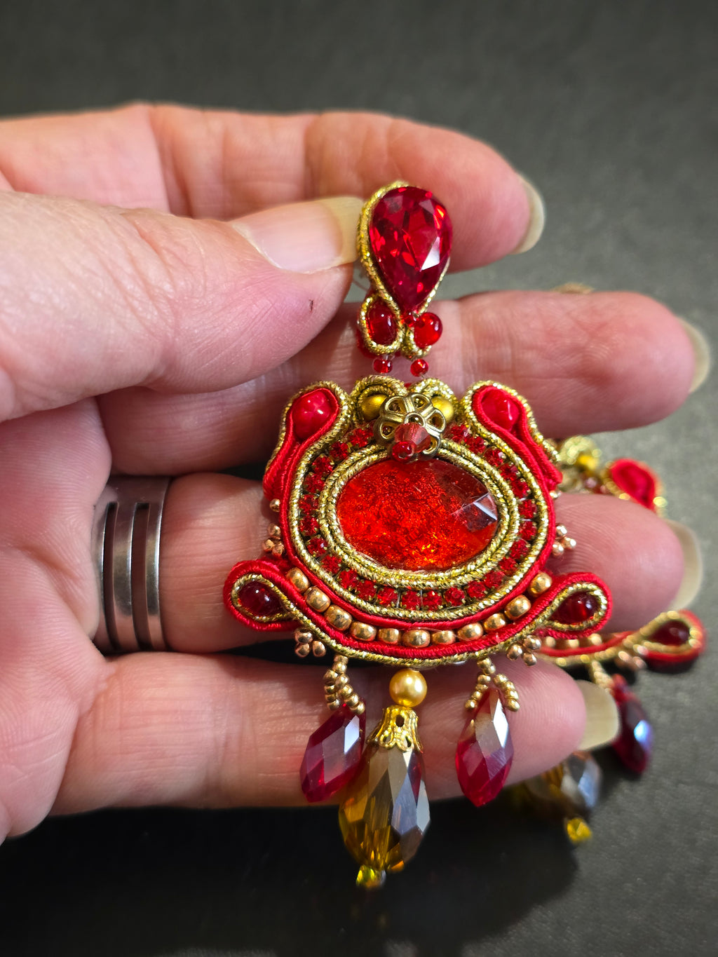 Luxury Red & Gold Soutache Earrings with Crystal Drops