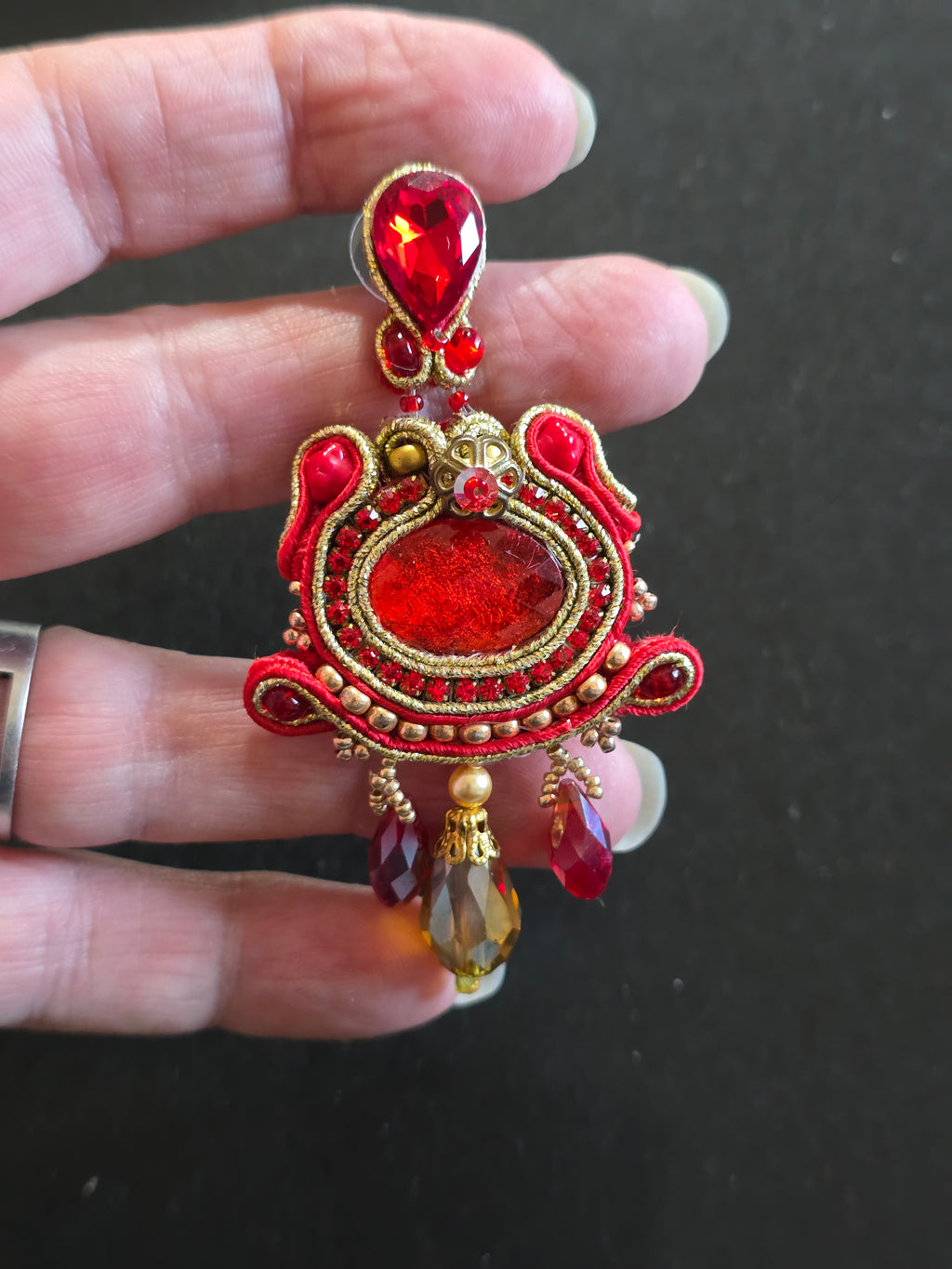 Luxury Red & Gold Soutache Earrings with Crystal Drops
