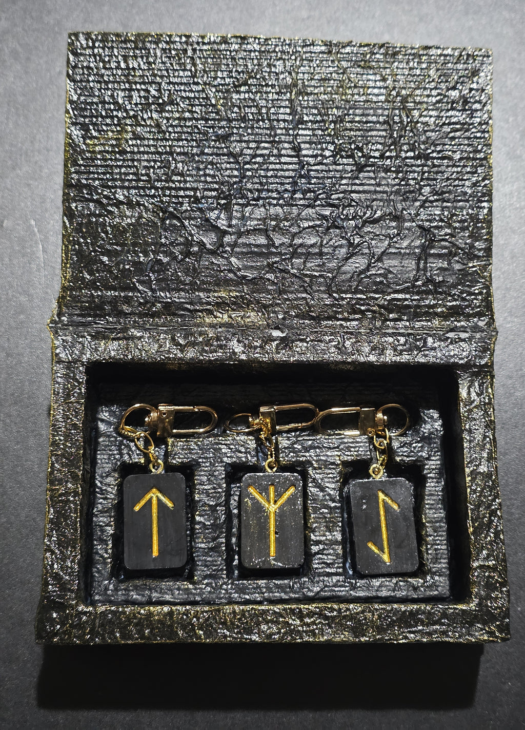 Runic Trinity Keychain Set - Tiwaz, Algiz, Laguz with Triquetra Box