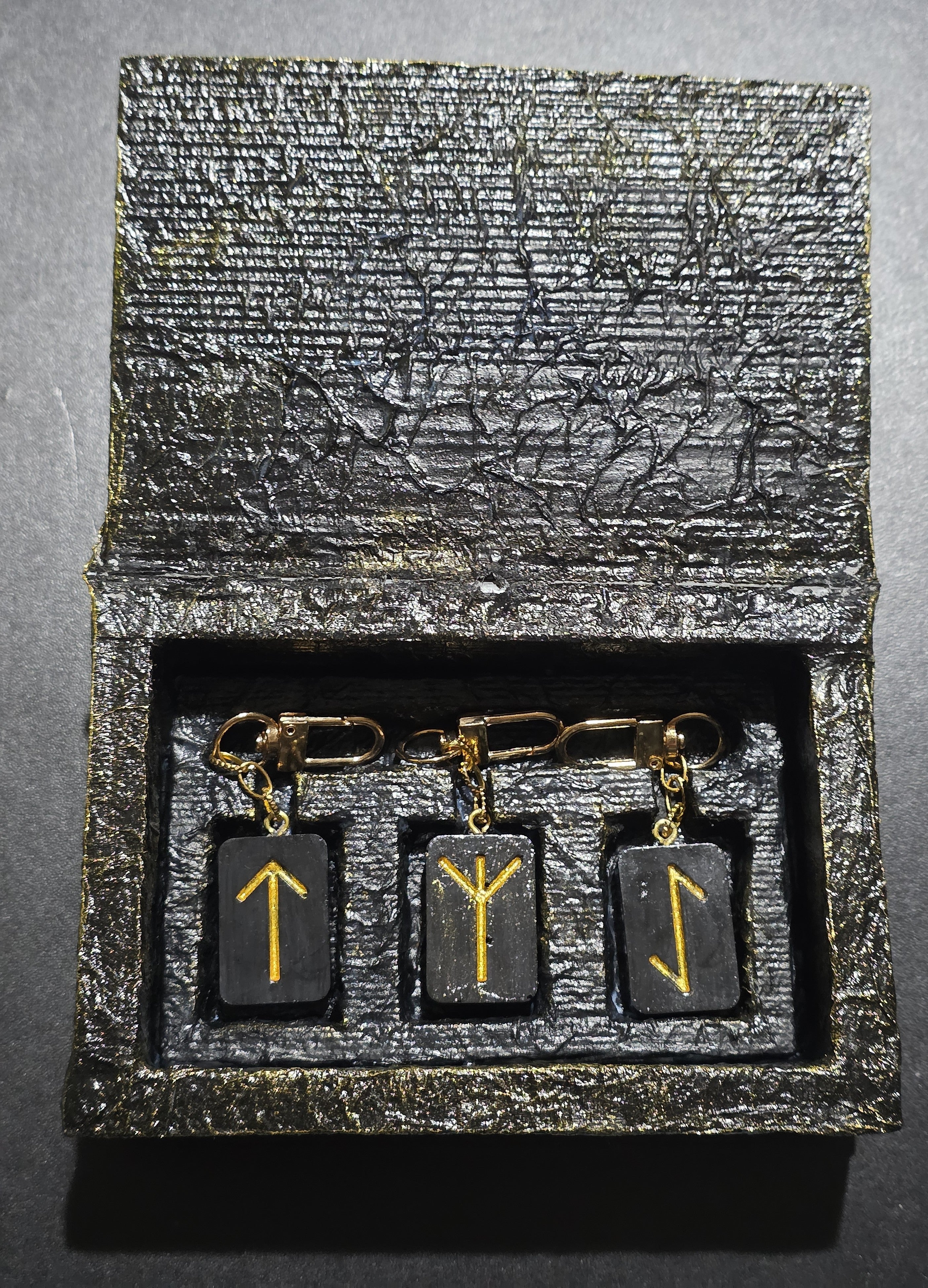 Runic Trinity Keychain Set - Tiwaz, Algiz, Laguz with Triquetra Box