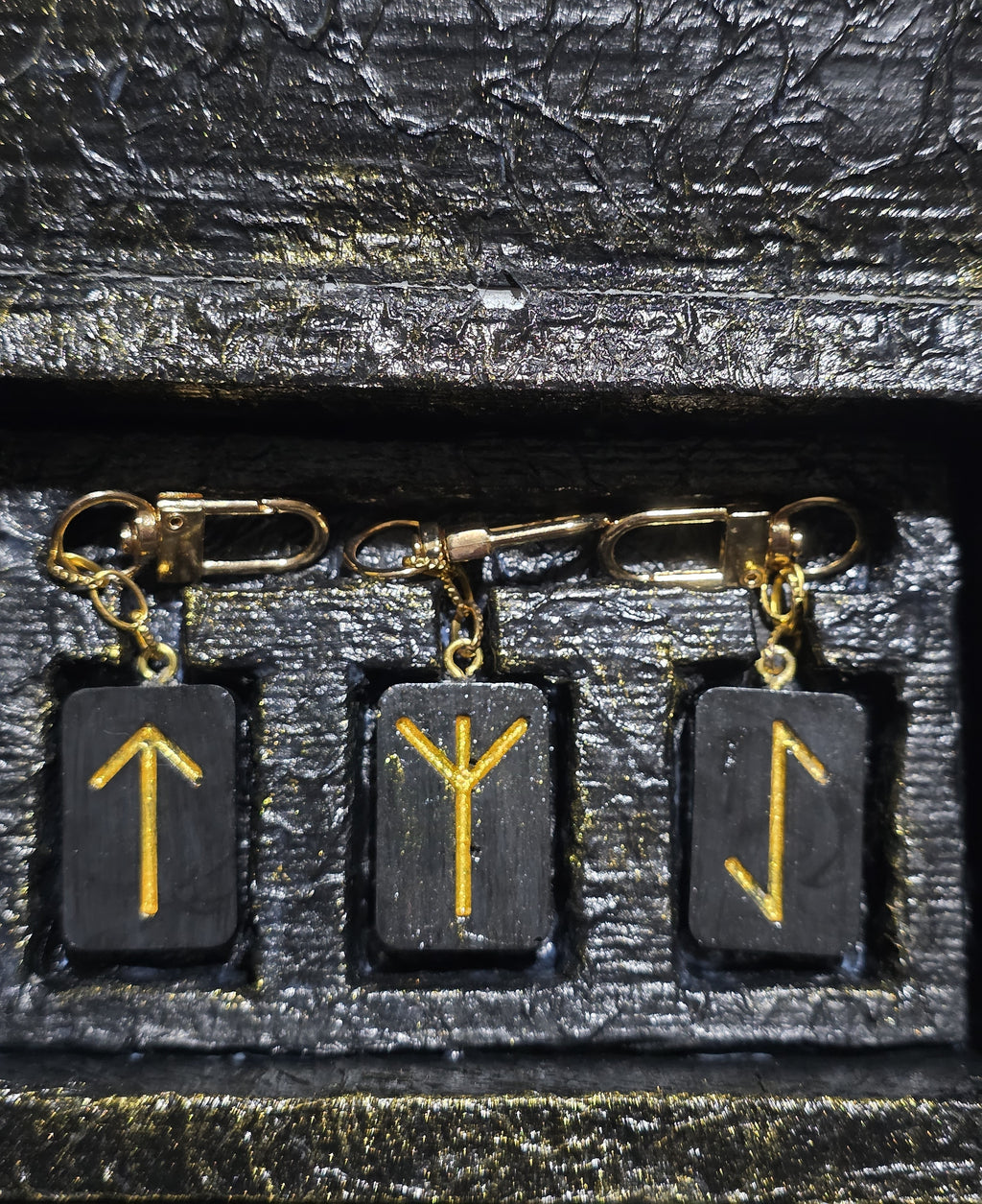 Runic Trinity Keychain Set - Tiwaz, Algiz, Laguz with Triquetra Box