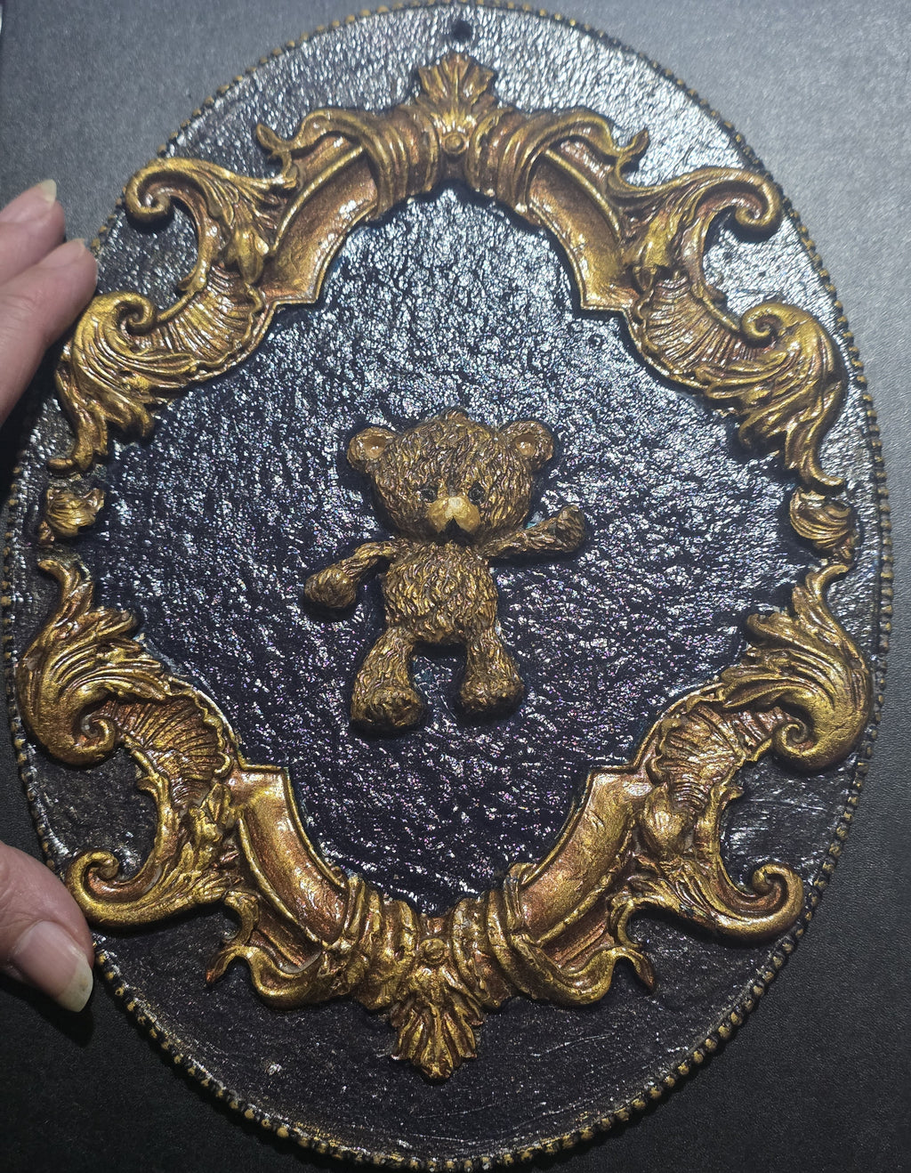 Gothic Baroque Wall Panel with Teddy Bear - Handmade Air Dry Clay Art