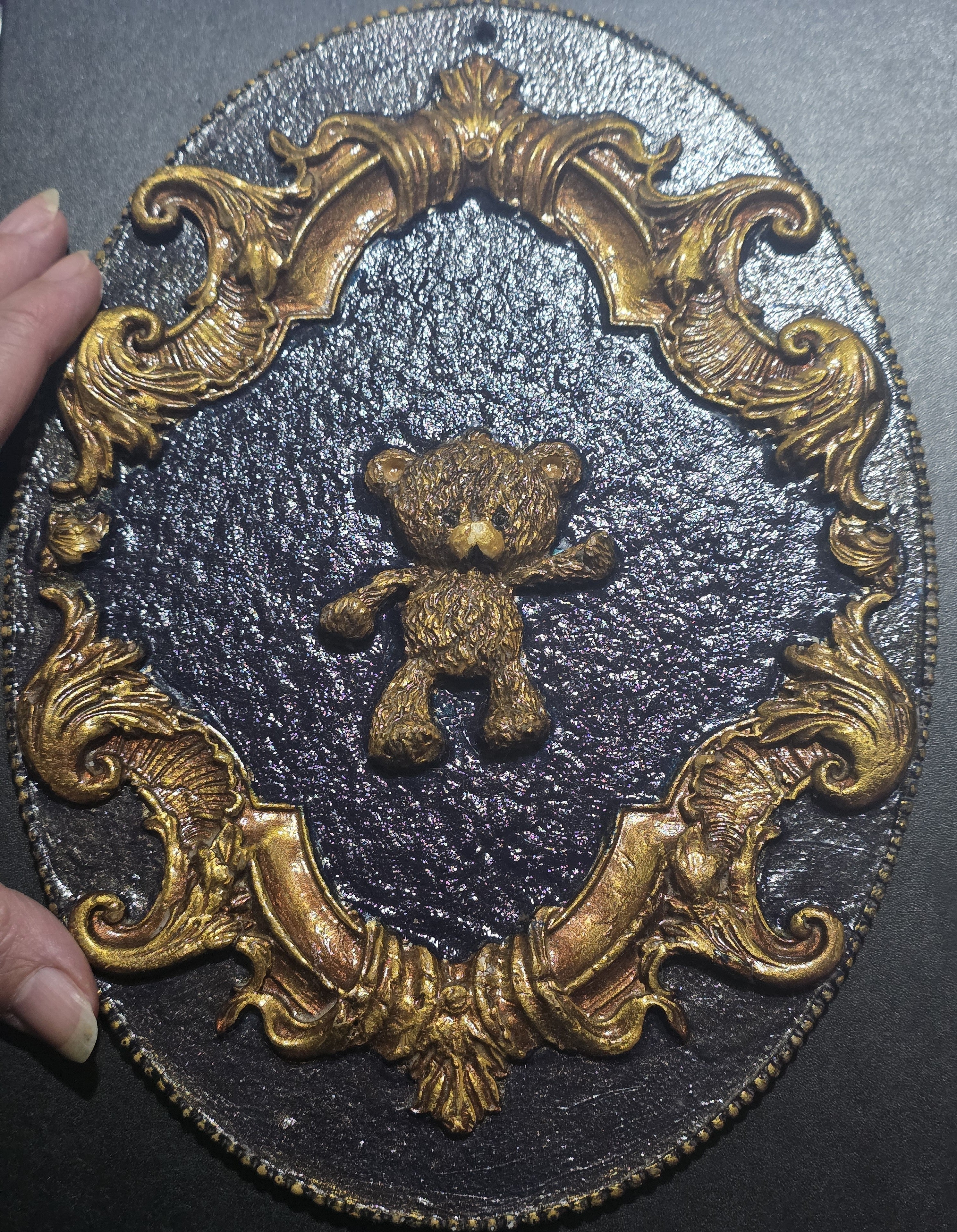 Gothic Baroque Wall Panel with Teddy Bear - Handmade Air Dry Clay Art