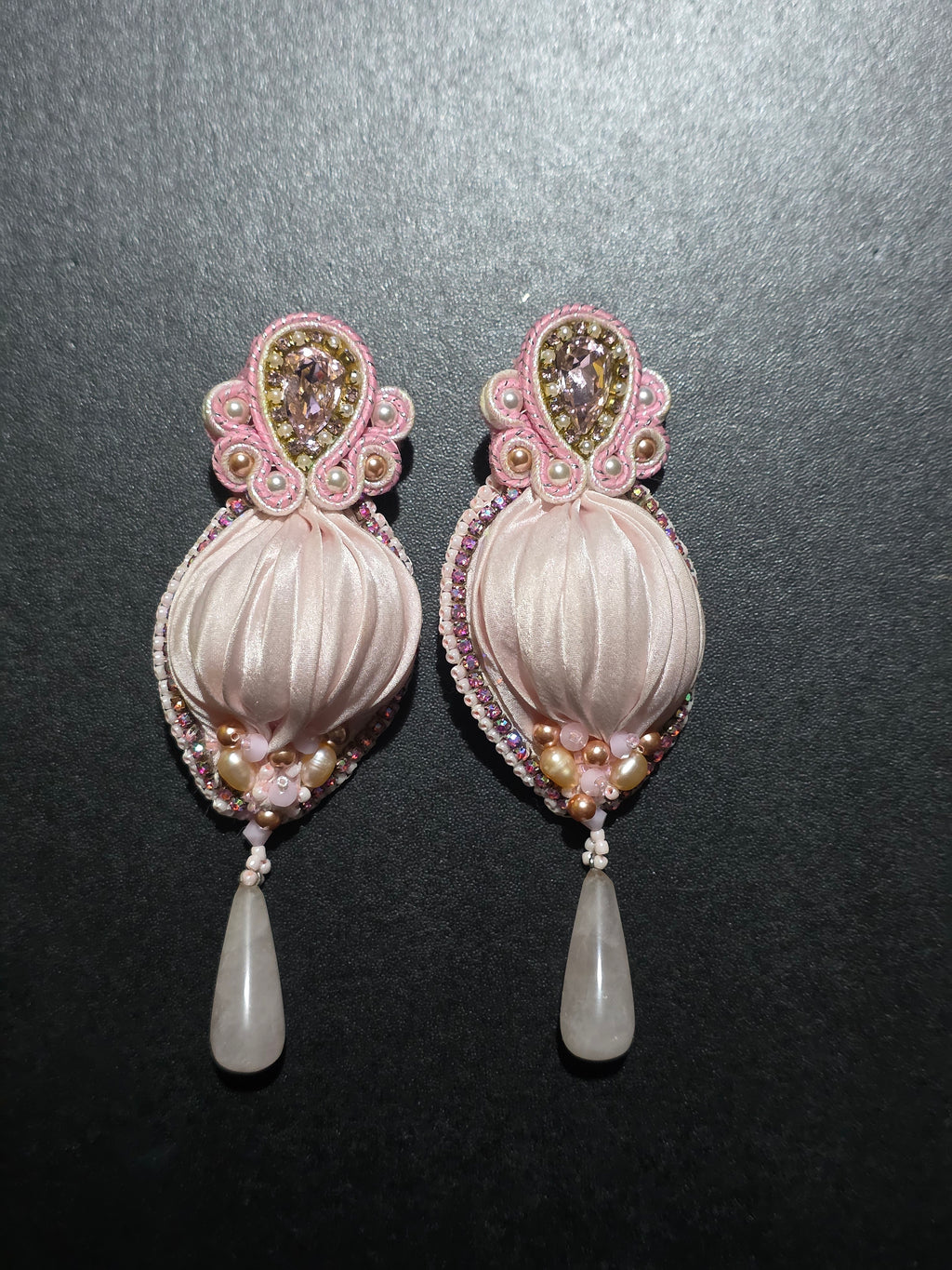 Shibori Silk Earrings with Rose Quartz and Swarovski Crystals