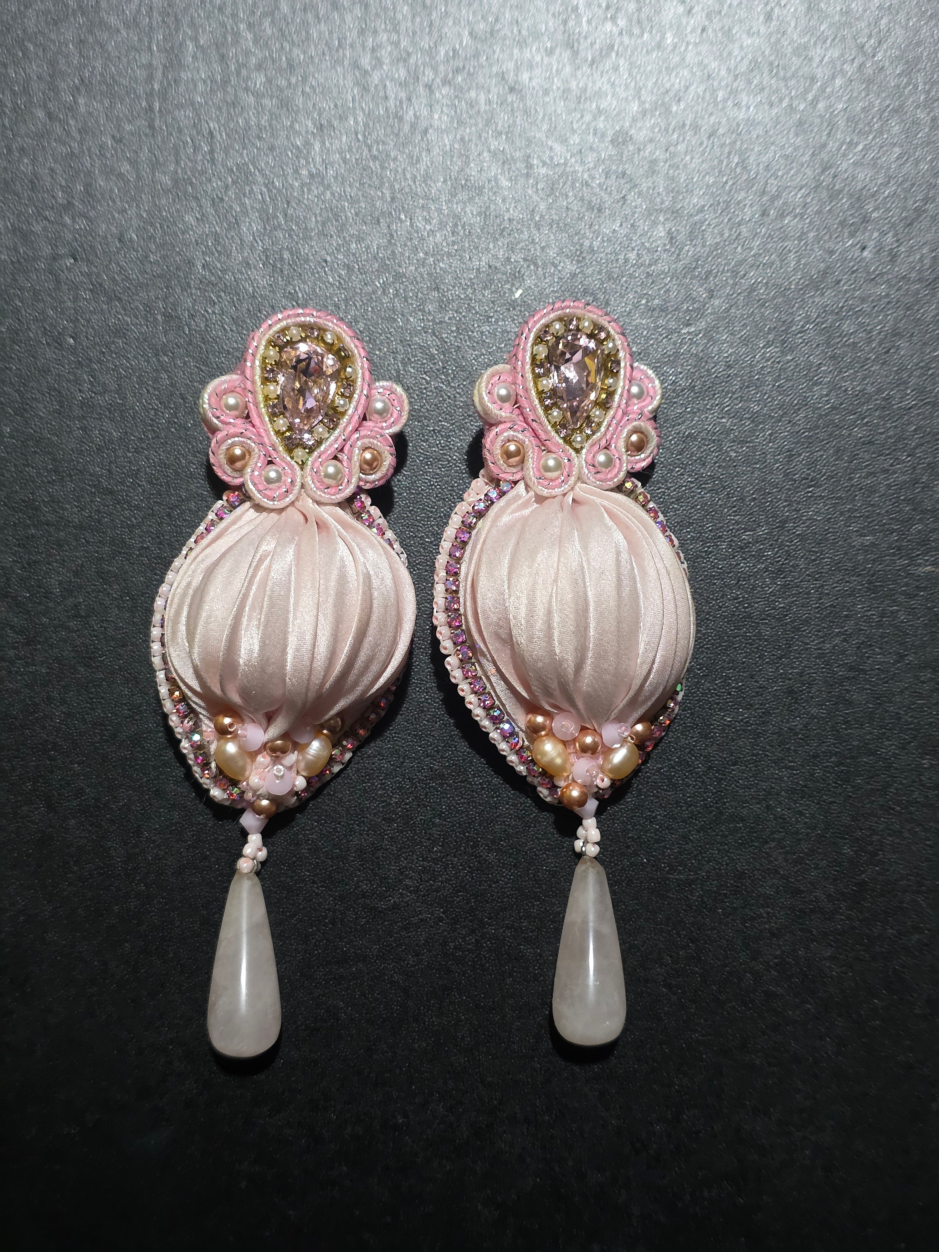 Shibori Silk Earrings with Rose Quartz and Swarovski Crystals