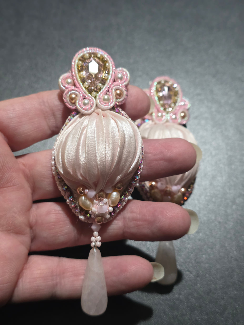 Shibori Silk Earrings with Rose Quartz and Swarovski Crystals