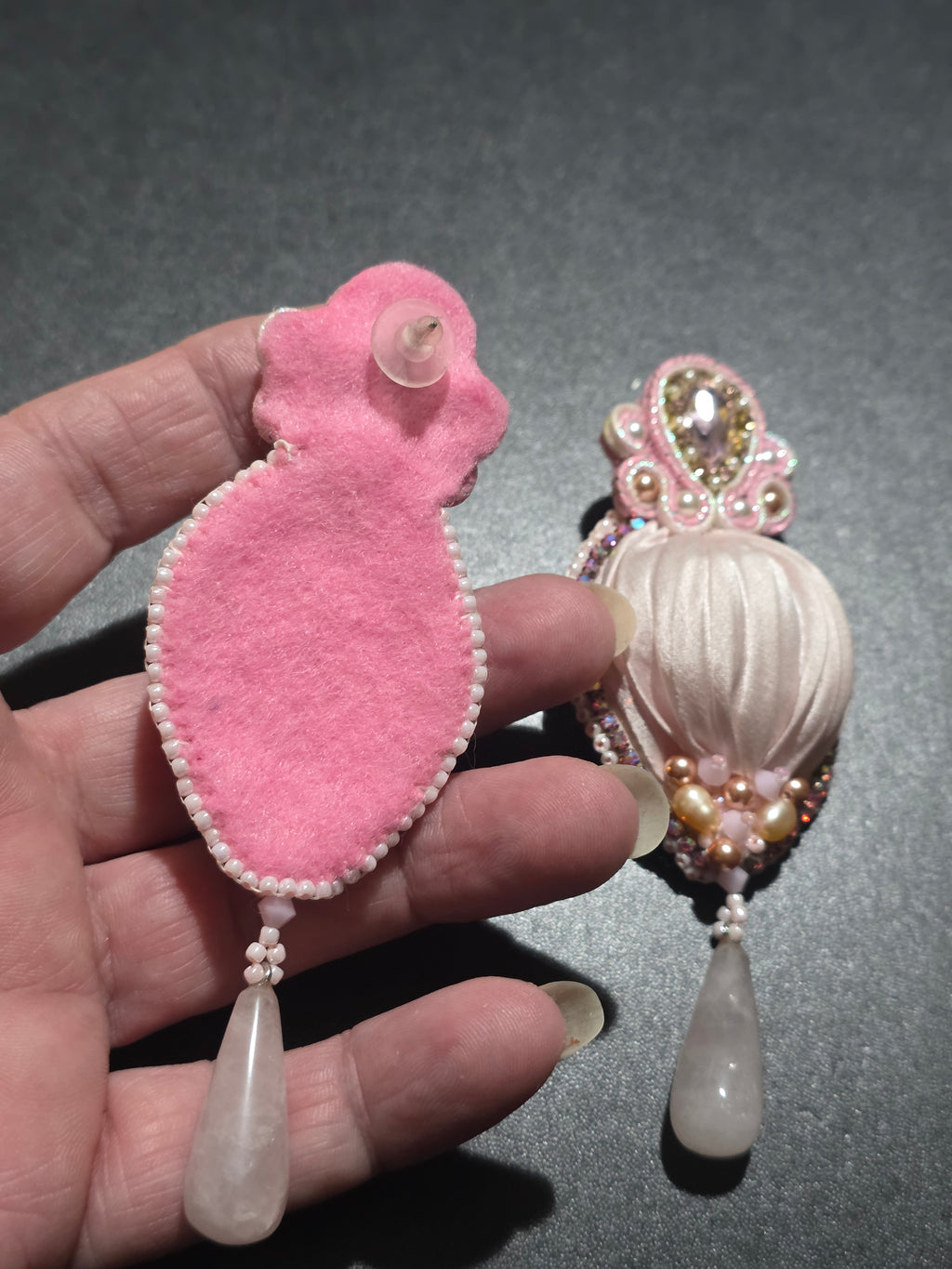 Shibori Silk Earrings with Rose Quartz and Swarovski Crystals