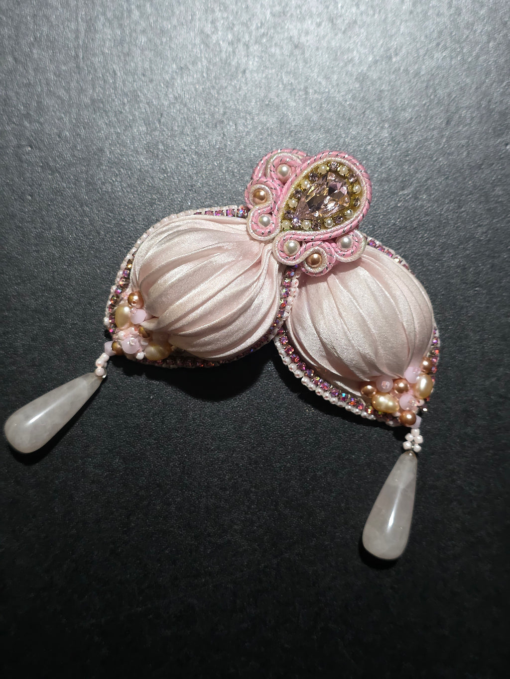 Shibori Silk Earrings with Rose Quartz and Swarovski Crystals