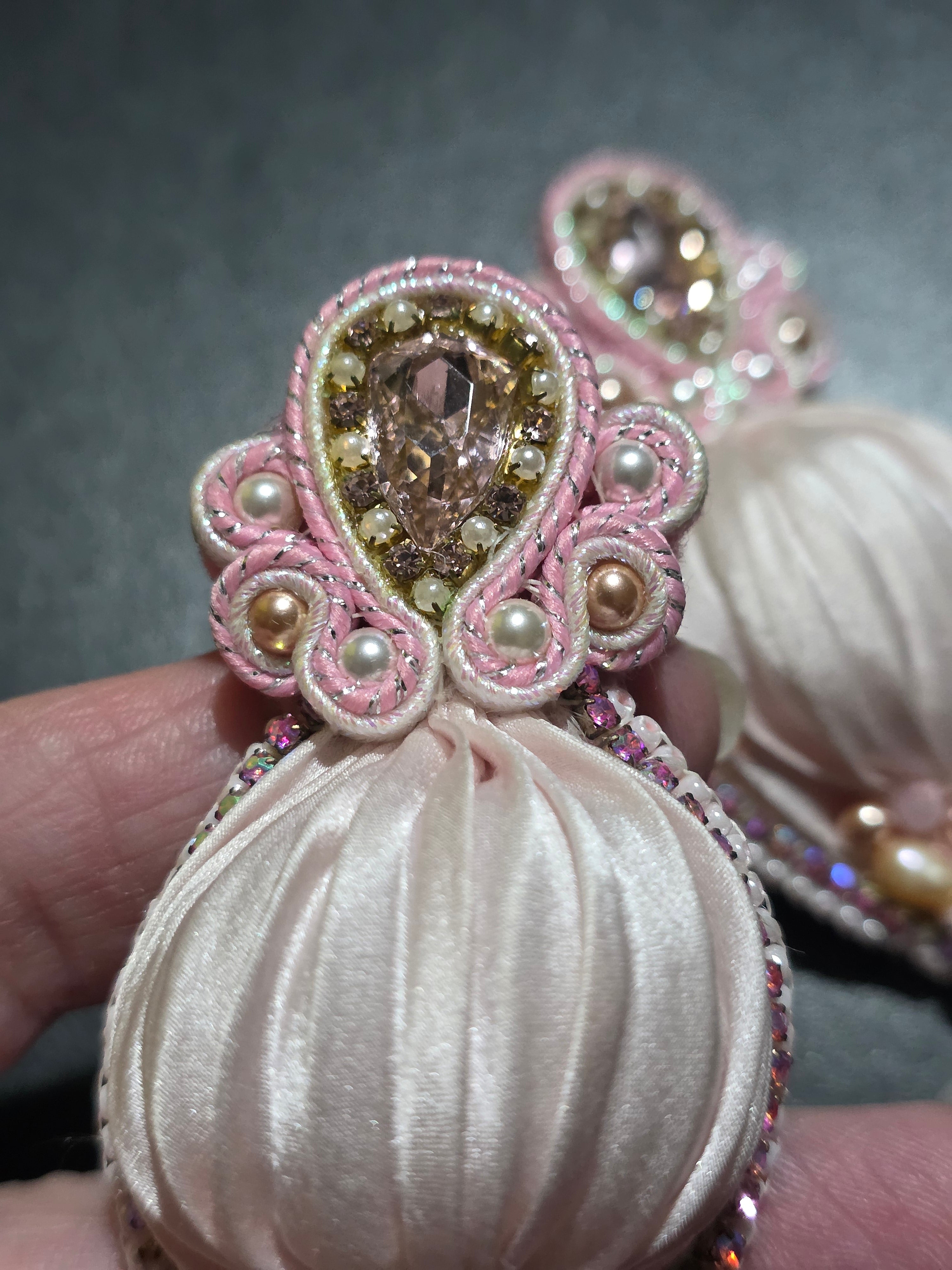 Shibori Silk Earrings with Rose Quartz and Swarovski Crystals