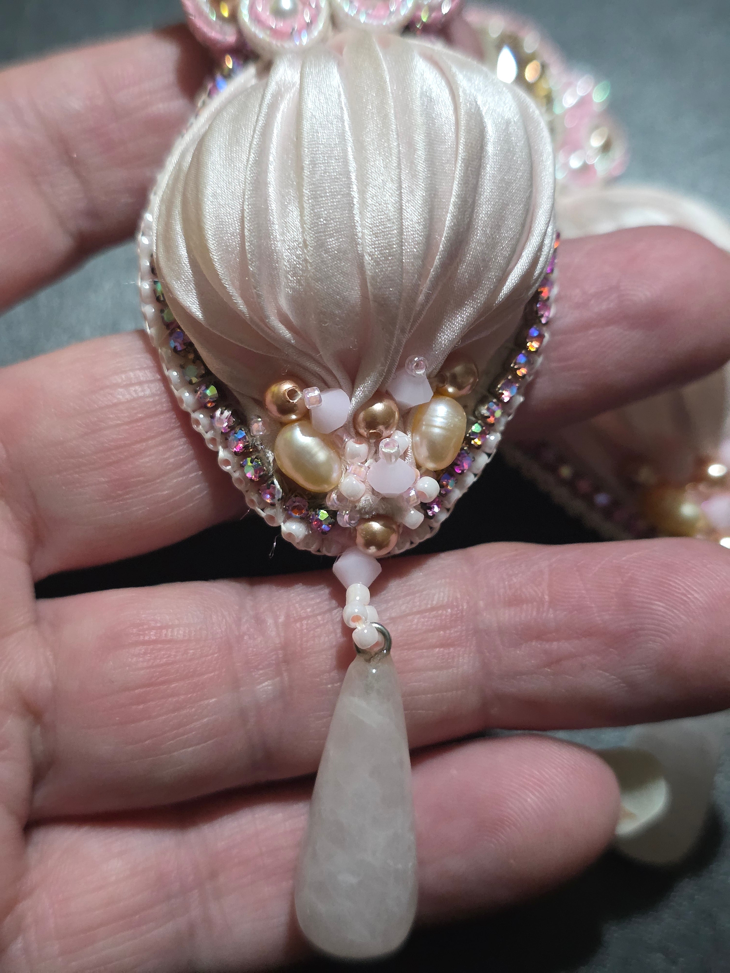 Shibori Silk Earrings with Rose Quartz and Swarovski Crystals