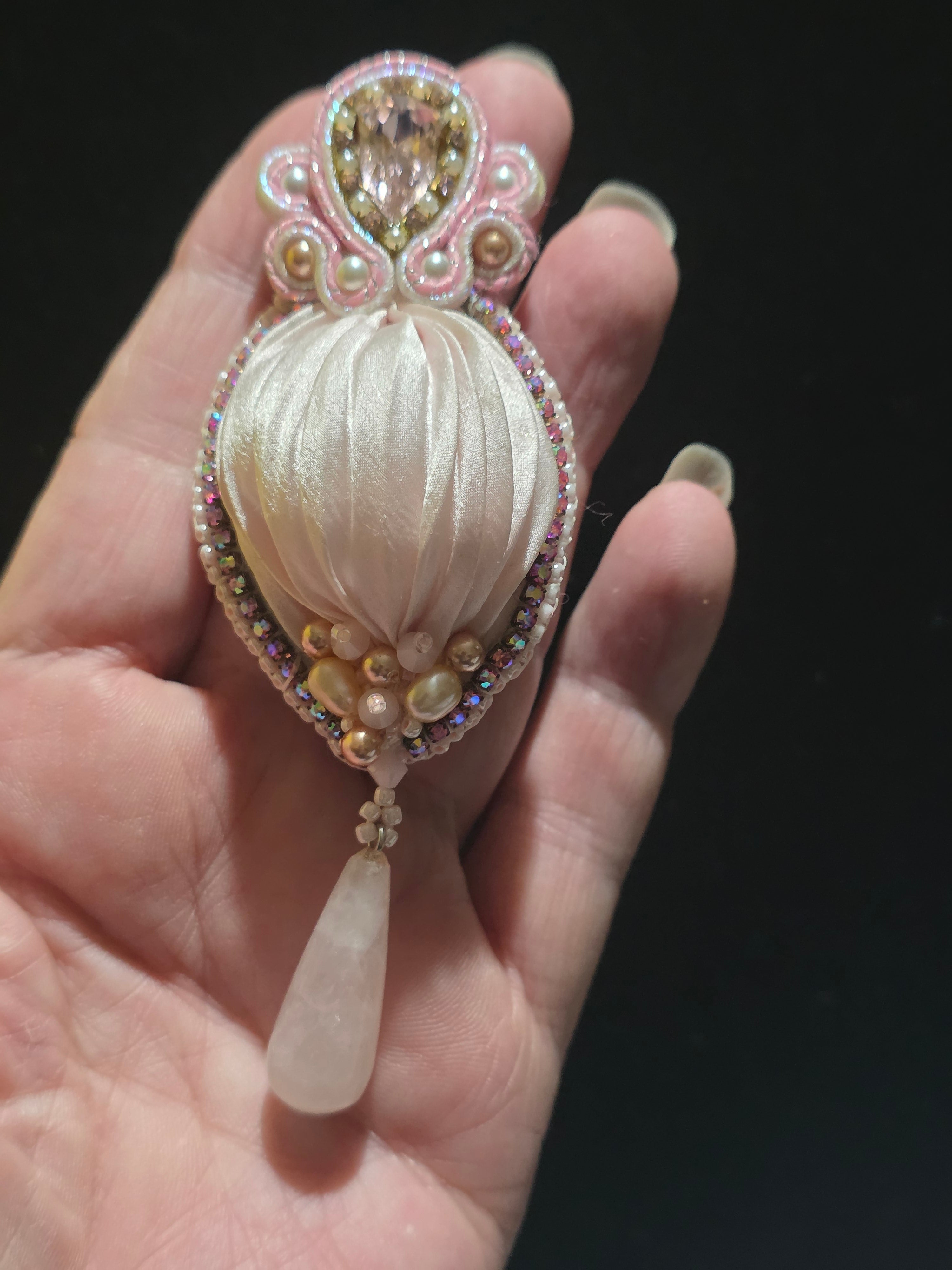 Shibori Silk Earrings with Rose Quartz and Swarovski Crystals