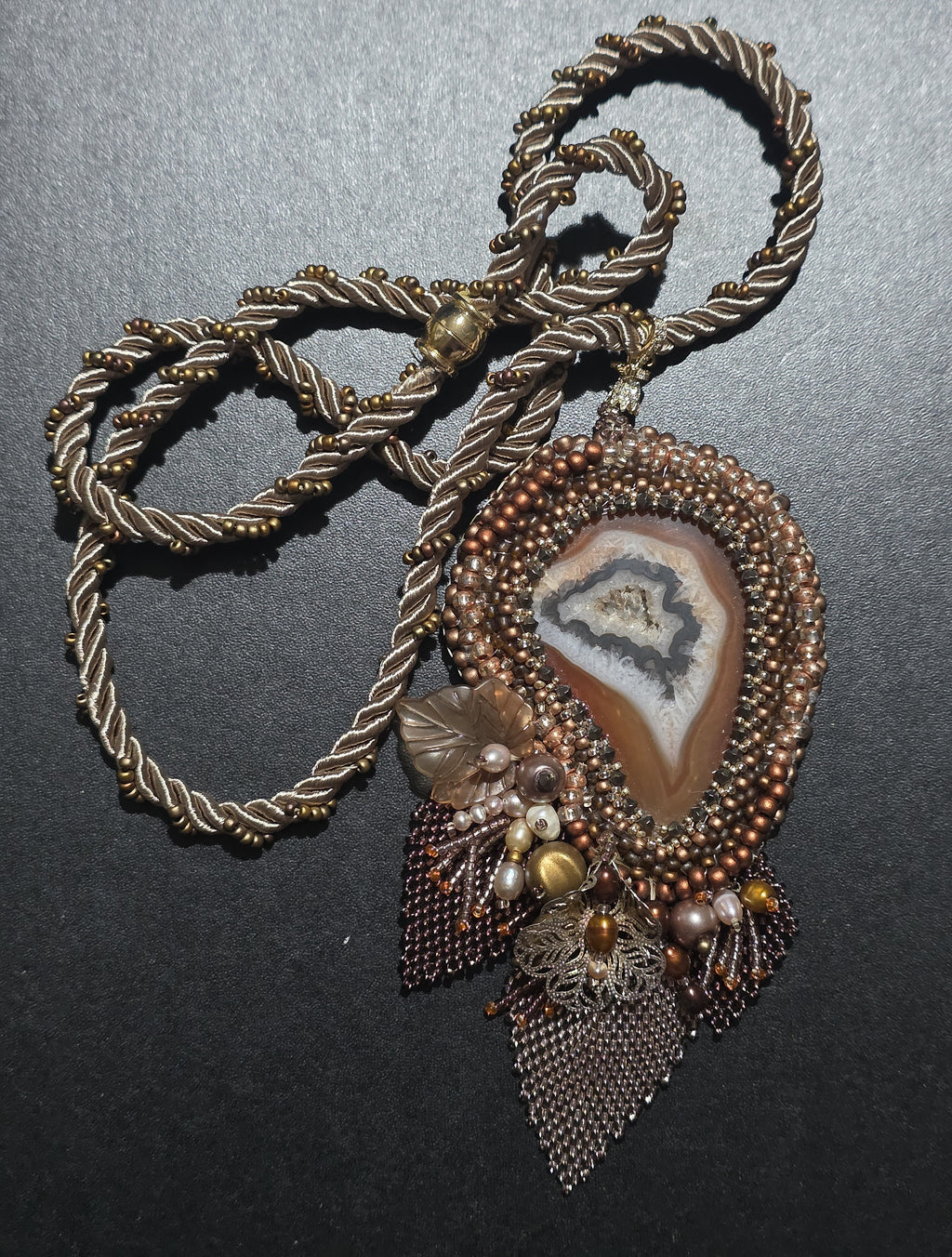 Handmade Agate Necklace with Natural Pearls and Beaded Fringe