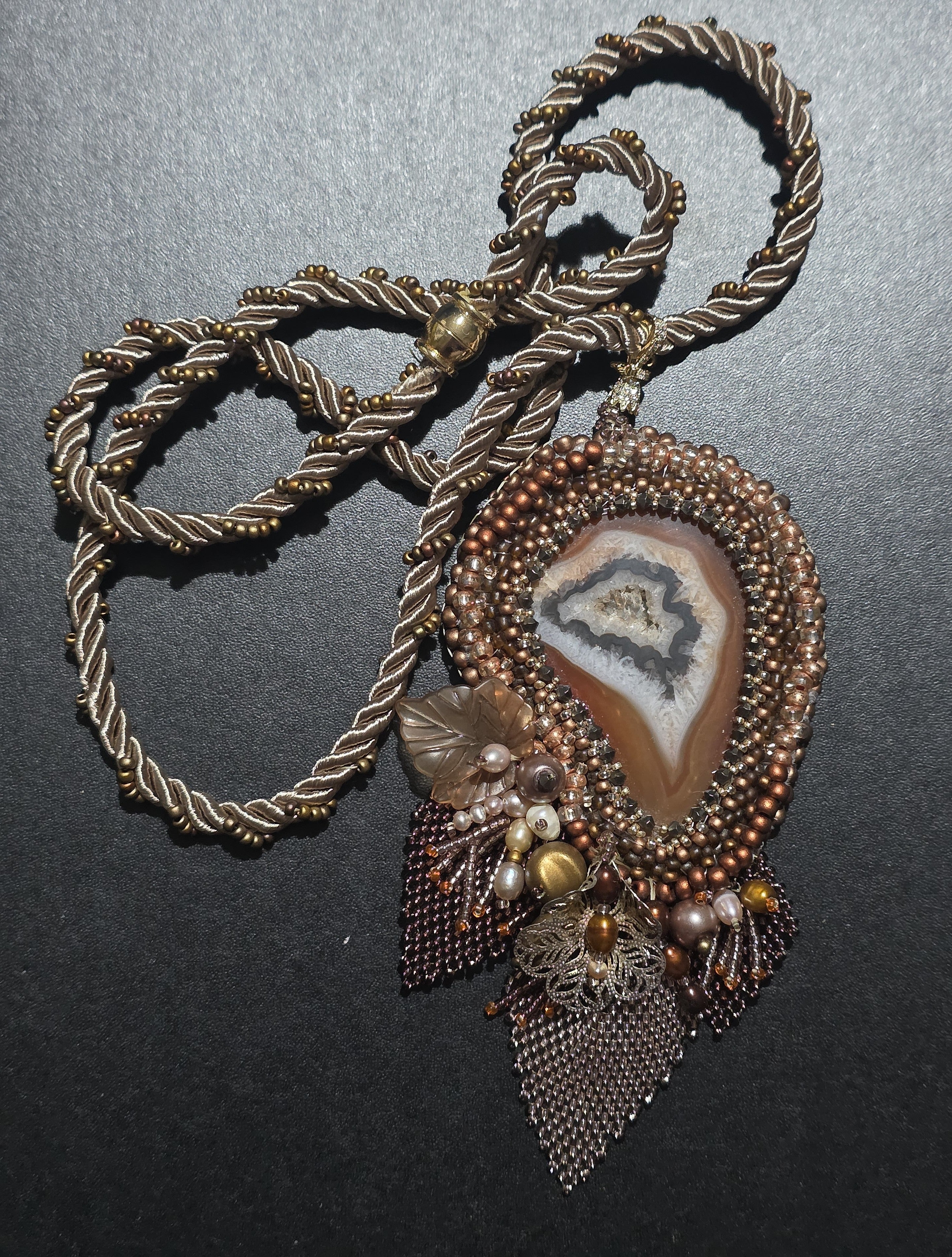 Handmade Agate Necklace with Natural Pearls and Beaded Fringe