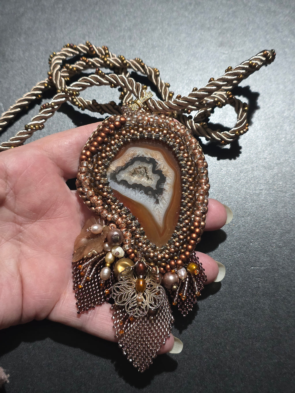 Handmade Agate Necklace with Natural Pearls and Beaded Fringe