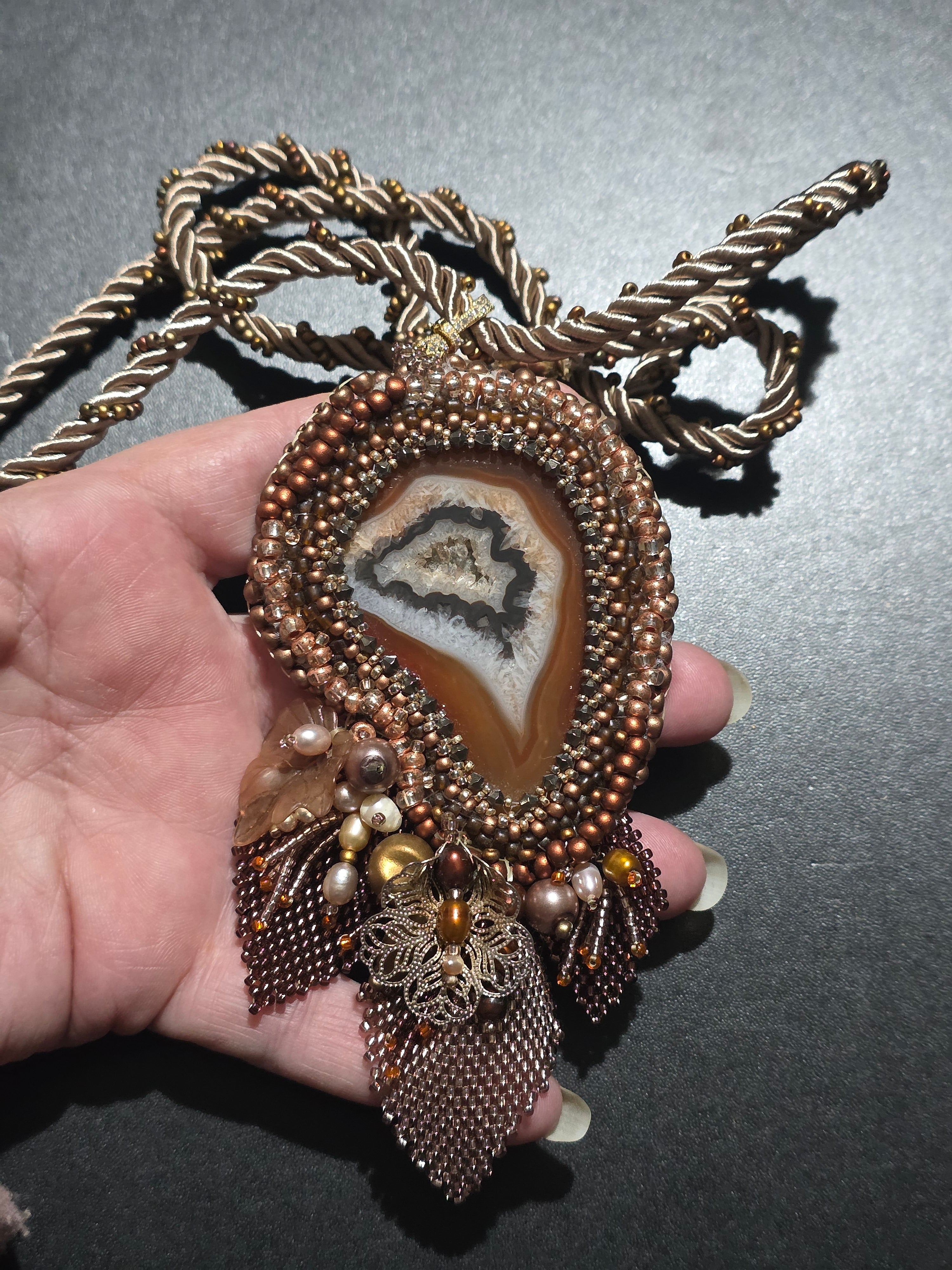 Handmade Agate Necklace with Natural Pearls and Beaded Fringe