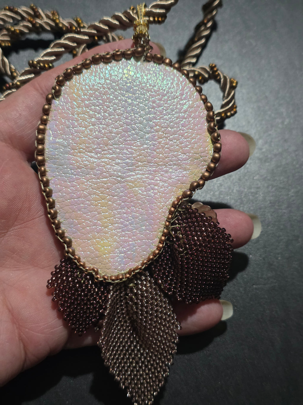 Handmade Agate Necklace with Natural Pearls and Beaded Fringe
