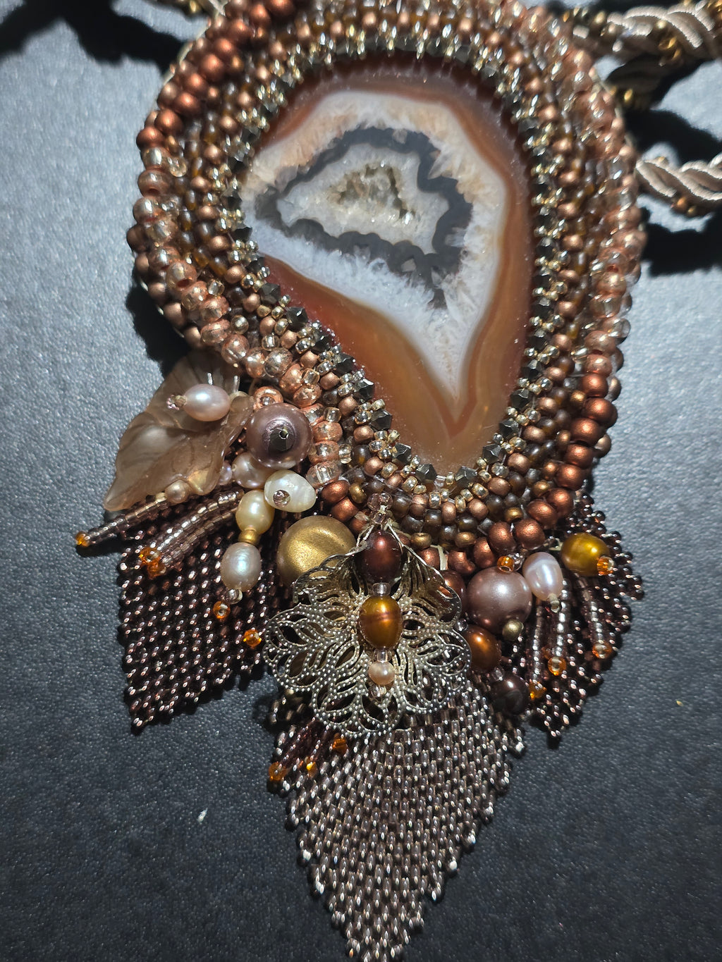 Handmade Agate Necklace with Natural Pearls and Beaded Fringe