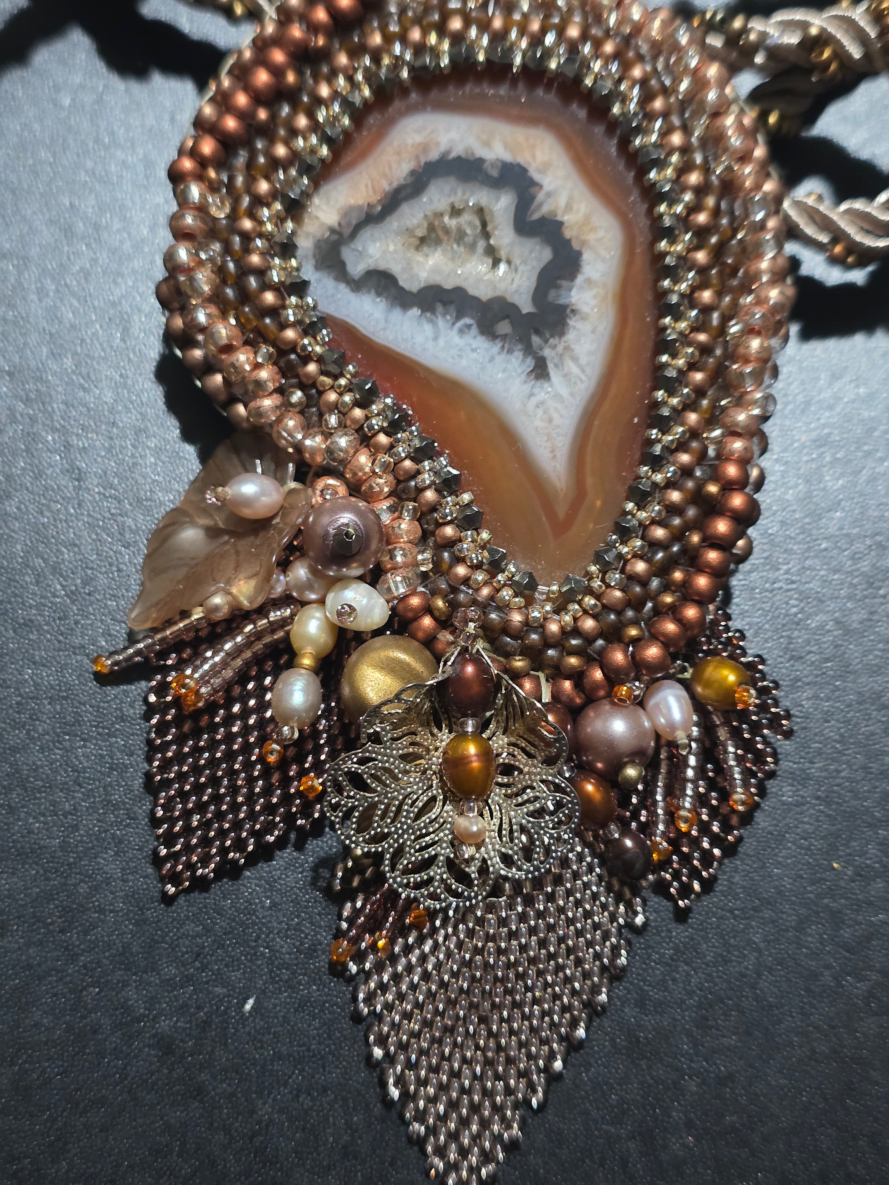Handmade Agate Necklace with Natural Pearls and Beaded Fringe